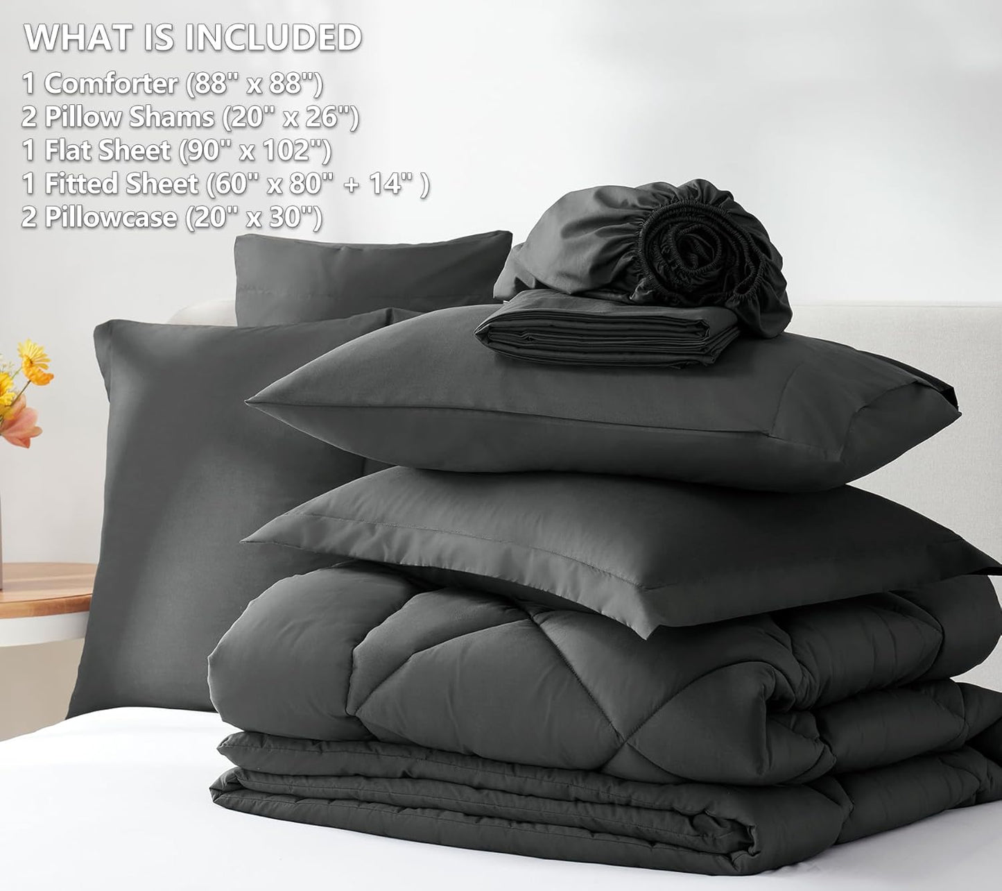 Queen Comforter Set Dark Grey - Bed in a Bag Queen Size 7 count, Luxury Soft Bed Set , Bedding Set with