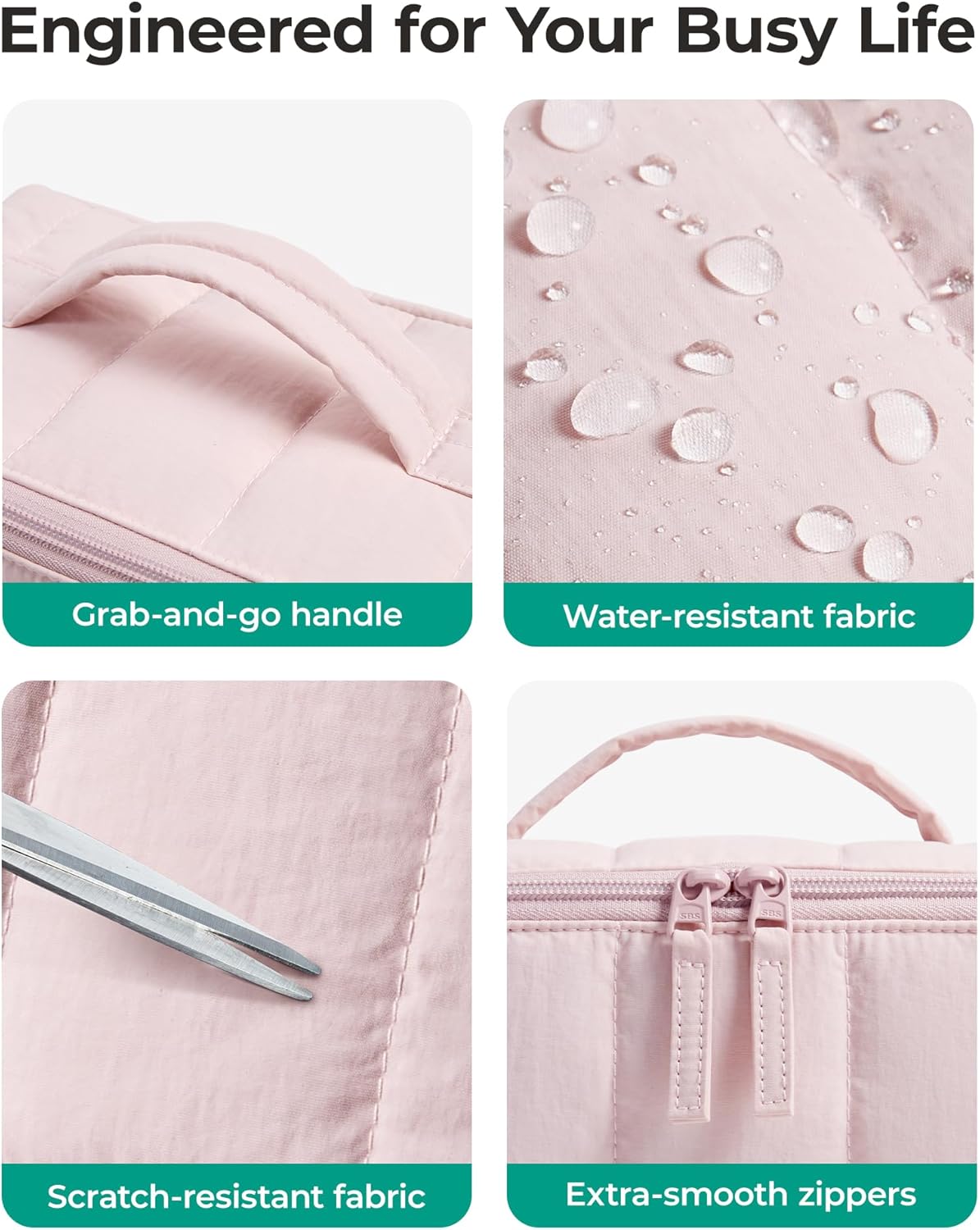 Travel Makeup Bag for Women, Portable Water-resistant Cosmetic Case, Puffy Padded Make Up Organizer Pouch, Open Flat Toiletry Bag for Toiletries, Brushes, Pink