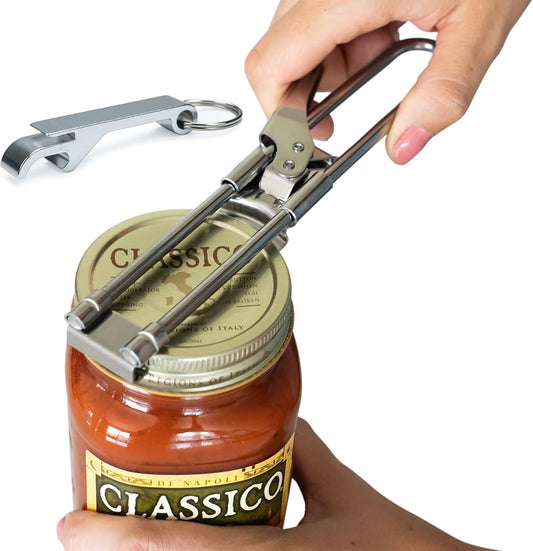 Hands with Keychain Bottle Cap Opener. Jar Gripper Tight Lid Opener and Bottle Opener Kitchen Gadgets