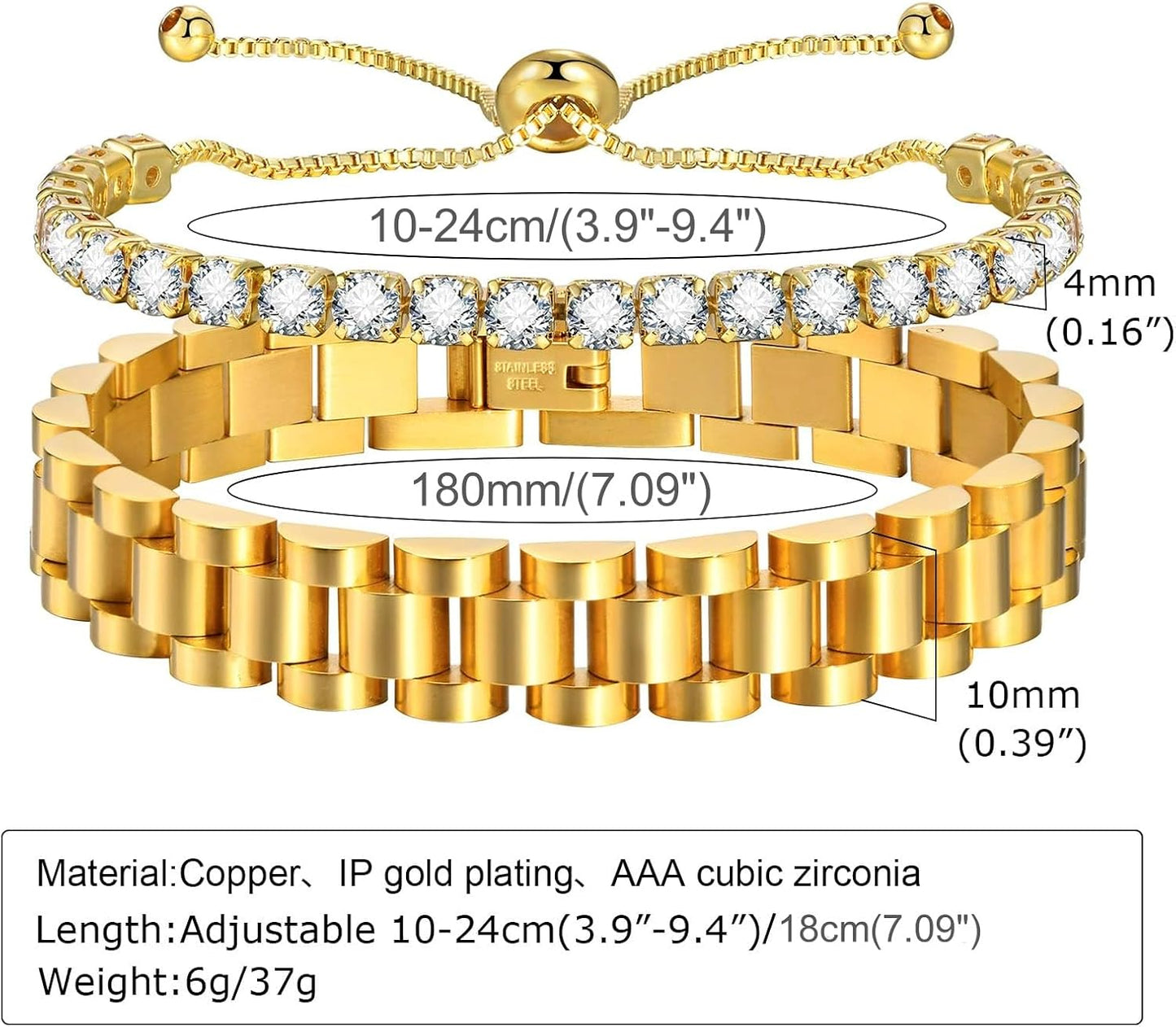 2pcs Gold Chain Link Bracelet, Stainless Steel Crystal Friendship Bracelets Bangle,Watch Band Chains Wristband