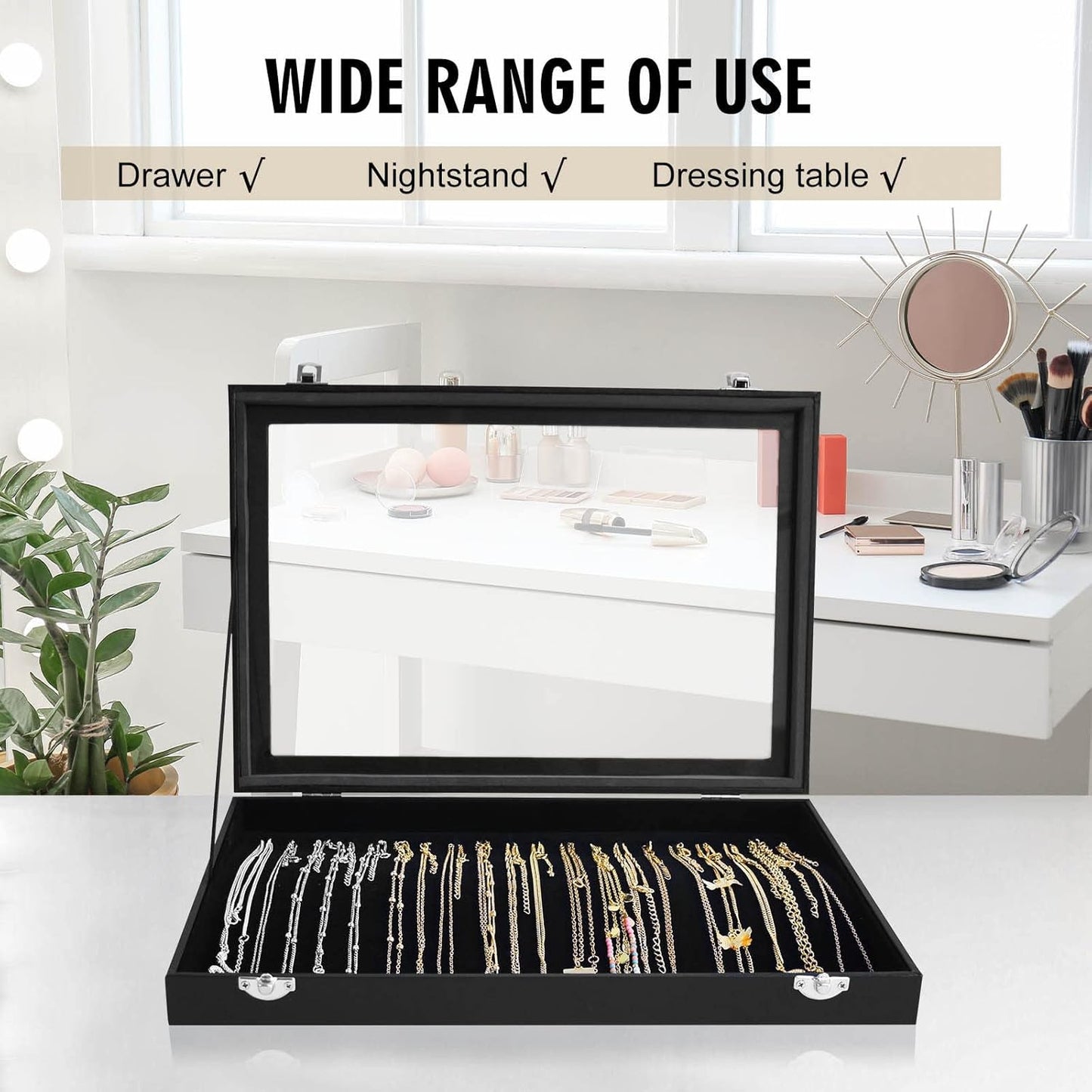 20 Hooks Jewelry Tray with Transparent Lid - Display Box for Necklaces, Pendants