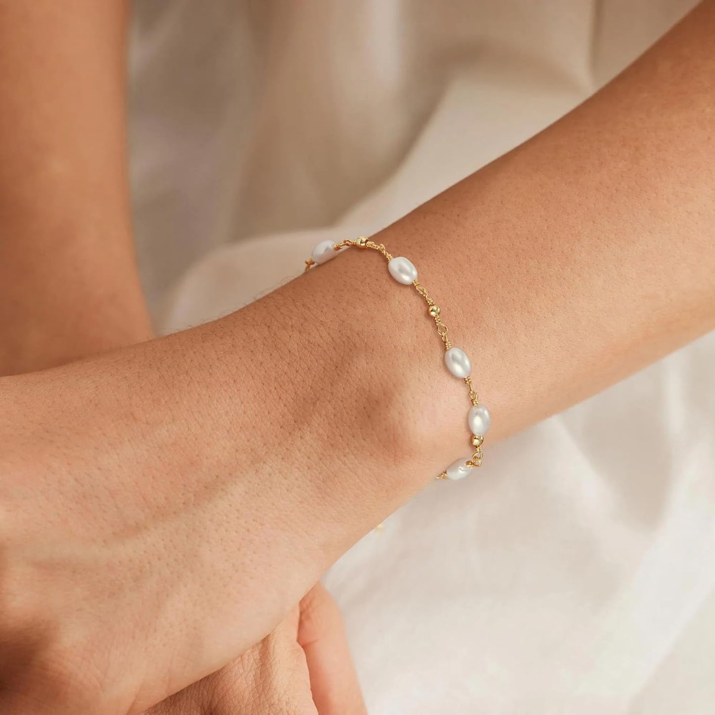 Gold Bracelets for Women Trendy, 14K Real Gold Plated Dainty Stackable Pearl Snake Chain CZ Heart Pendant Bracelets Adjustable 6"+2"