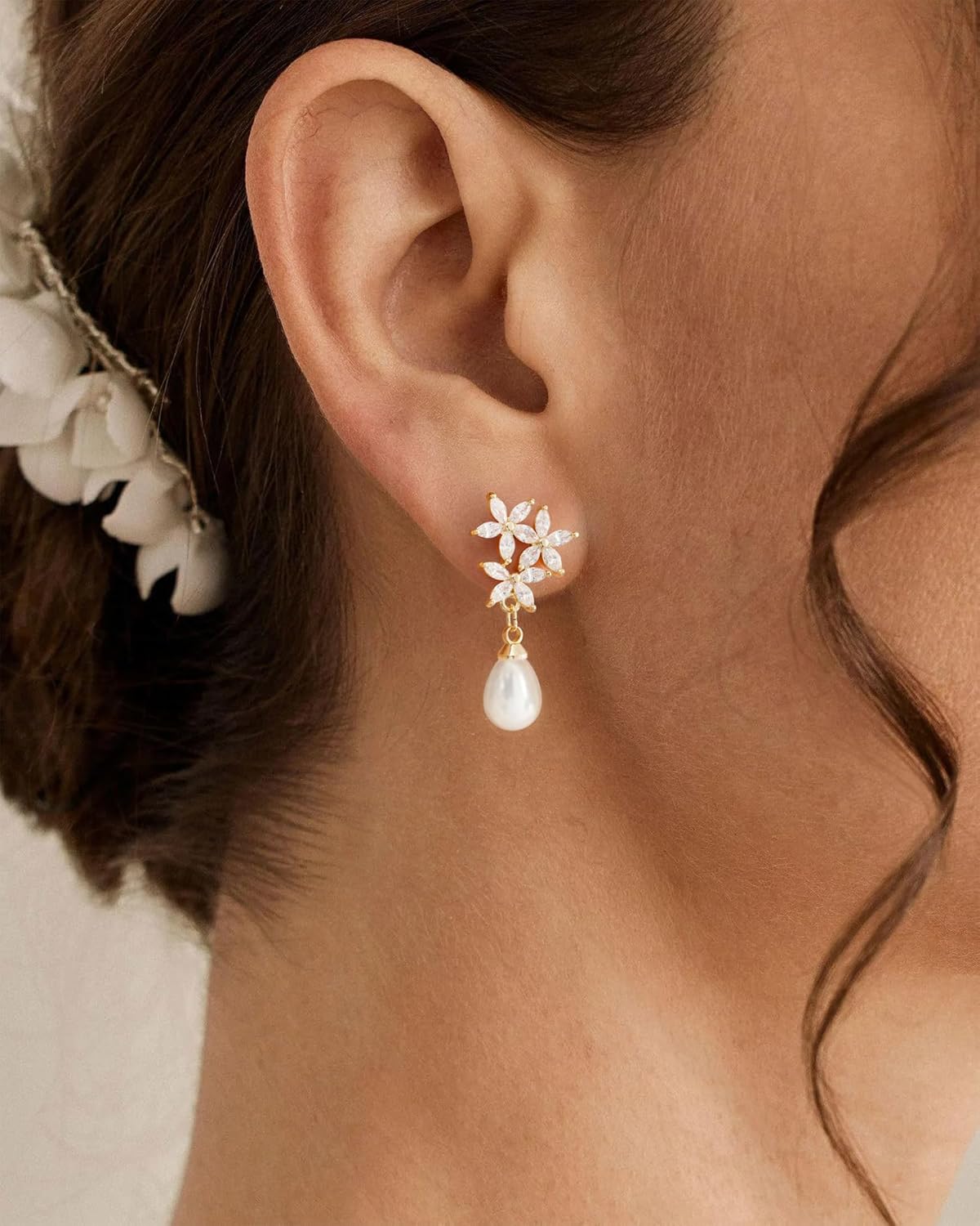 Pearl Earrings: 14k Gold-plated Cubic Zirconia Accented Pearl Drop Dangle Wedding Engagement Earrings For Women Bridal Bridesmaid