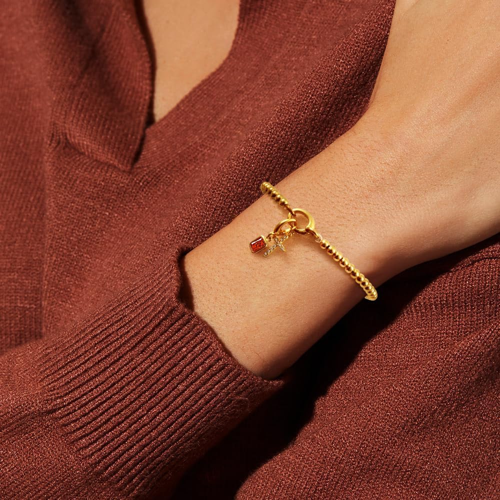 Free bird Cross Birthstone Bracelet | Dainty 14K Gold Plated Cross Charm Bracelet | Stretchable Elastic Gold Beaded Bracelet