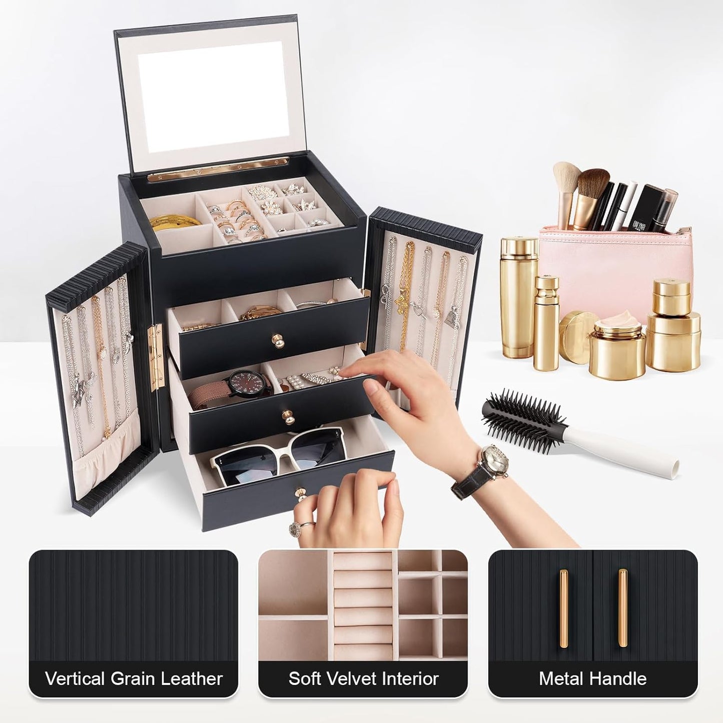 Large Jewelry Box for Women, Jewelry Organizer Box with 3 Drawers, Jewelry Storage Organizer with Mirror