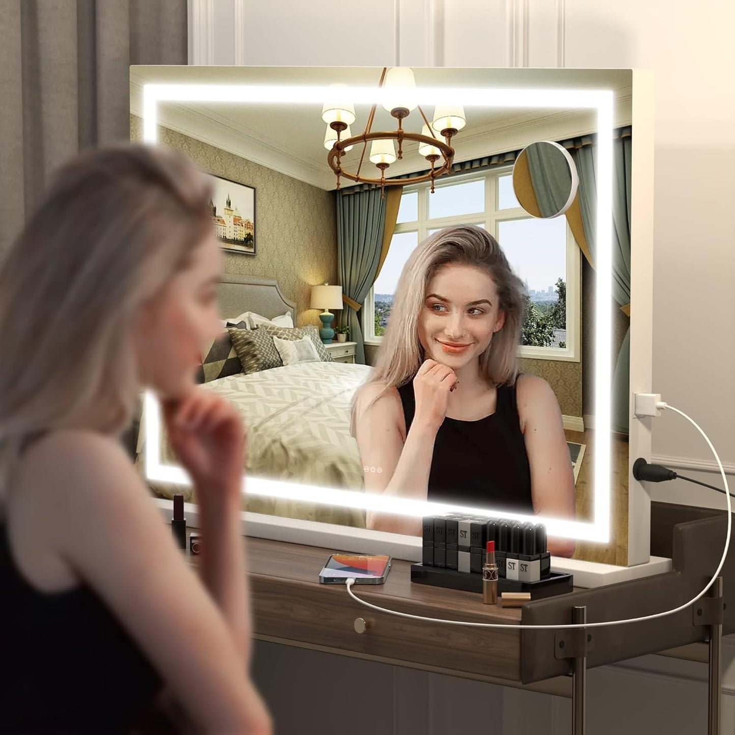 23" x 18" LED Makeup Mirror, Lighted Makeup Mirror with Dimmable 3 Modes, Square White