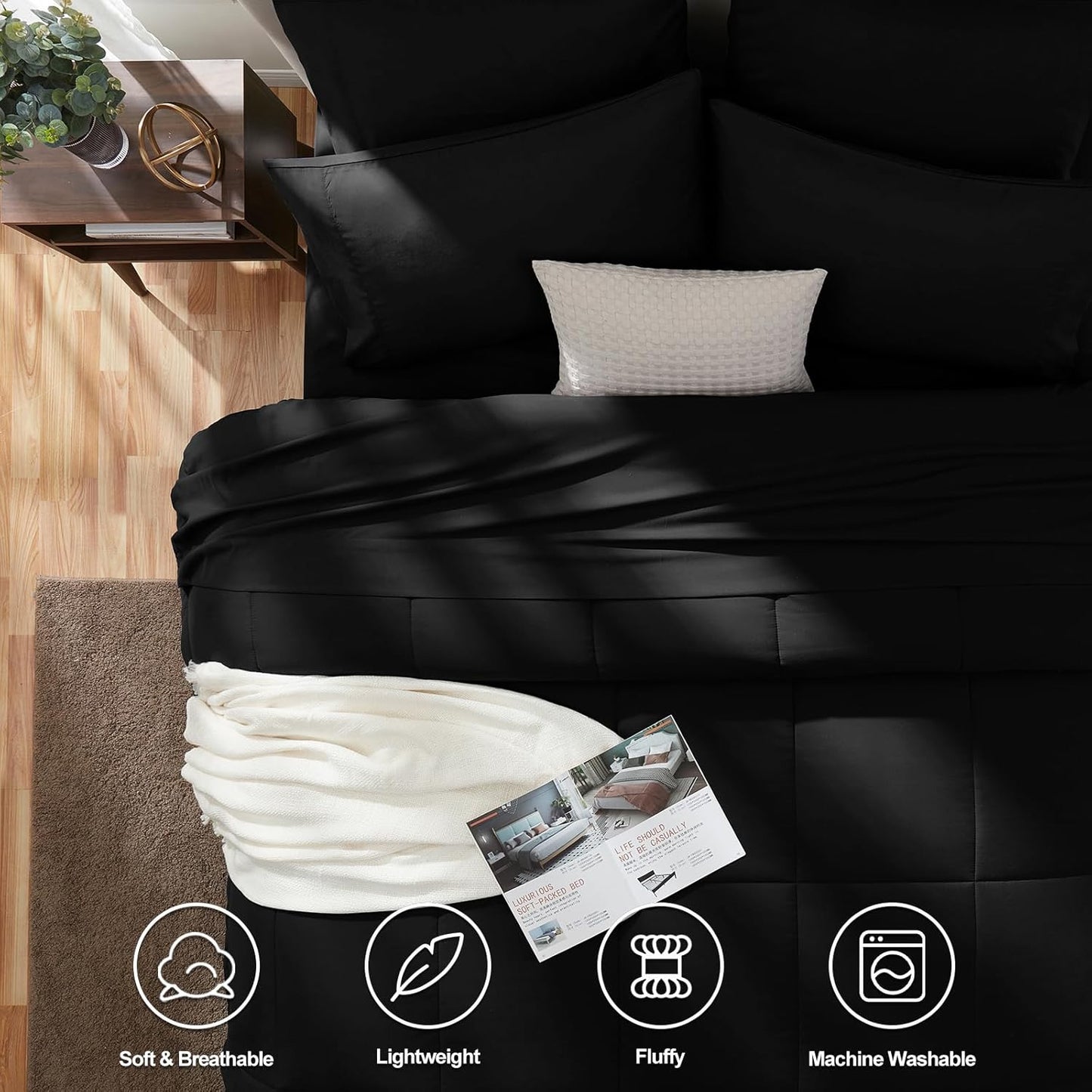 Queen Comforter Set Black, 7 count Bed in a Bag, All Season Bedding Sets