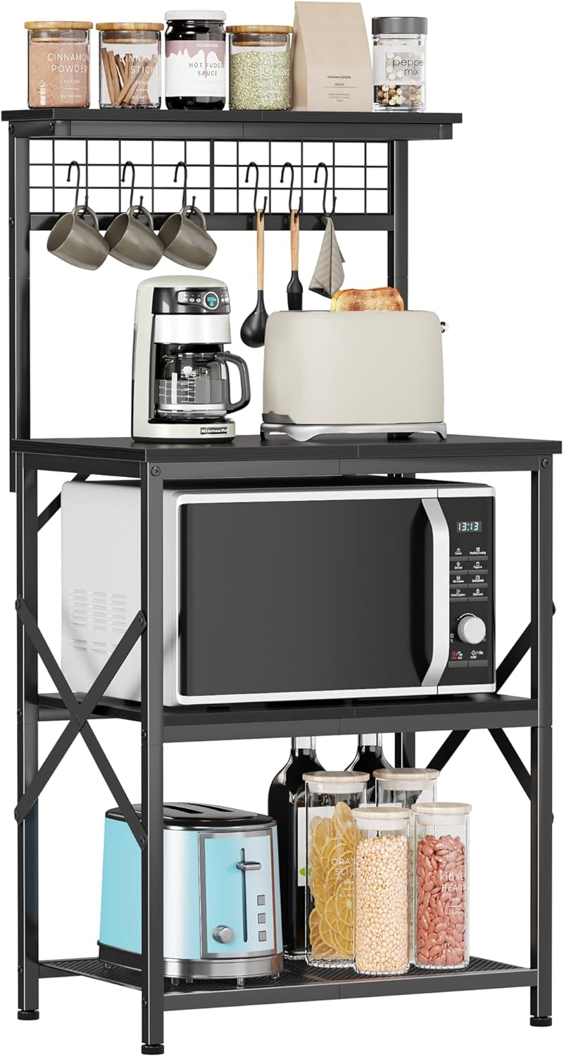 Bakers Rack, Microwave Stand with Storage 4 Tiers, Coffee Bar Station with 6 S Hooks and Pegboard