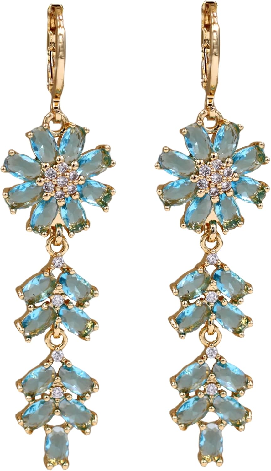 Vuskdtei18K Gold Plated Flower Dangle Earrings for Women, Hypoallergenic Cubic Zirconia Earrings, Elegant Chandelier Drop Earrings