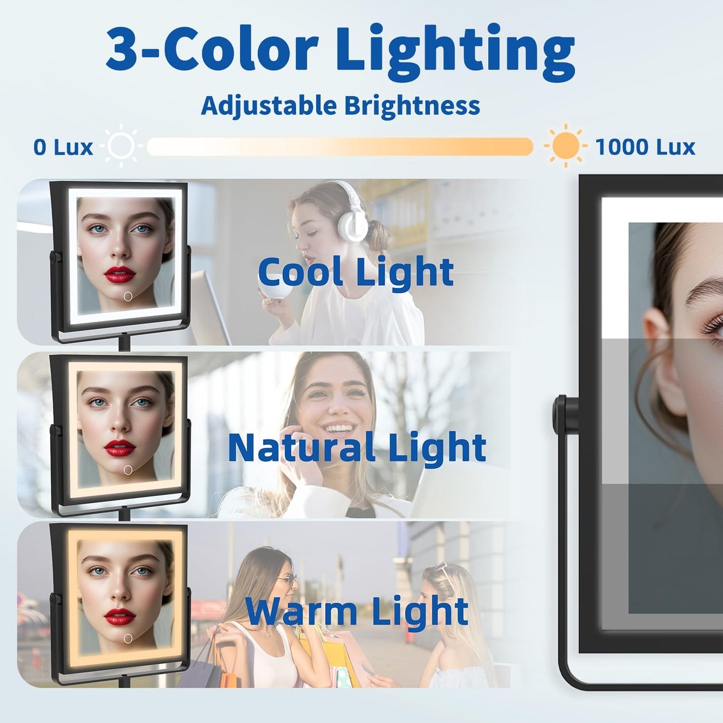 Rechargeable Wall Mounted Makeup Mirror Touch Screen Dimmable, 360° Rotation Extension Foldable Arm