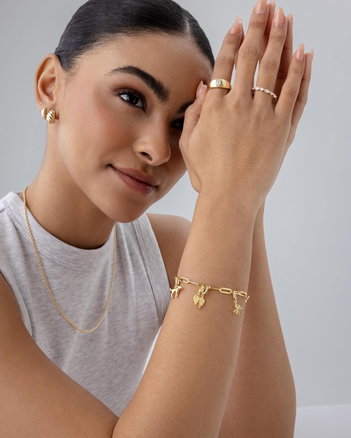 14K Gold Plated Adjustable Bracelet for Women | Twisted Bar & Paperclip Charm Chain Bracelets with Moon, Evil Eye