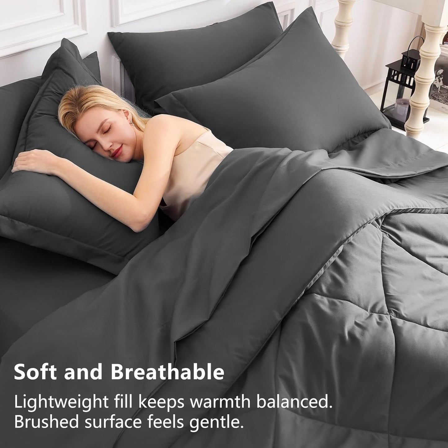 Queen Comforter Set Dark Grey - Bed in a Bag Queen Size 7 count, Luxury Soft Bed Set , Bedding Set with