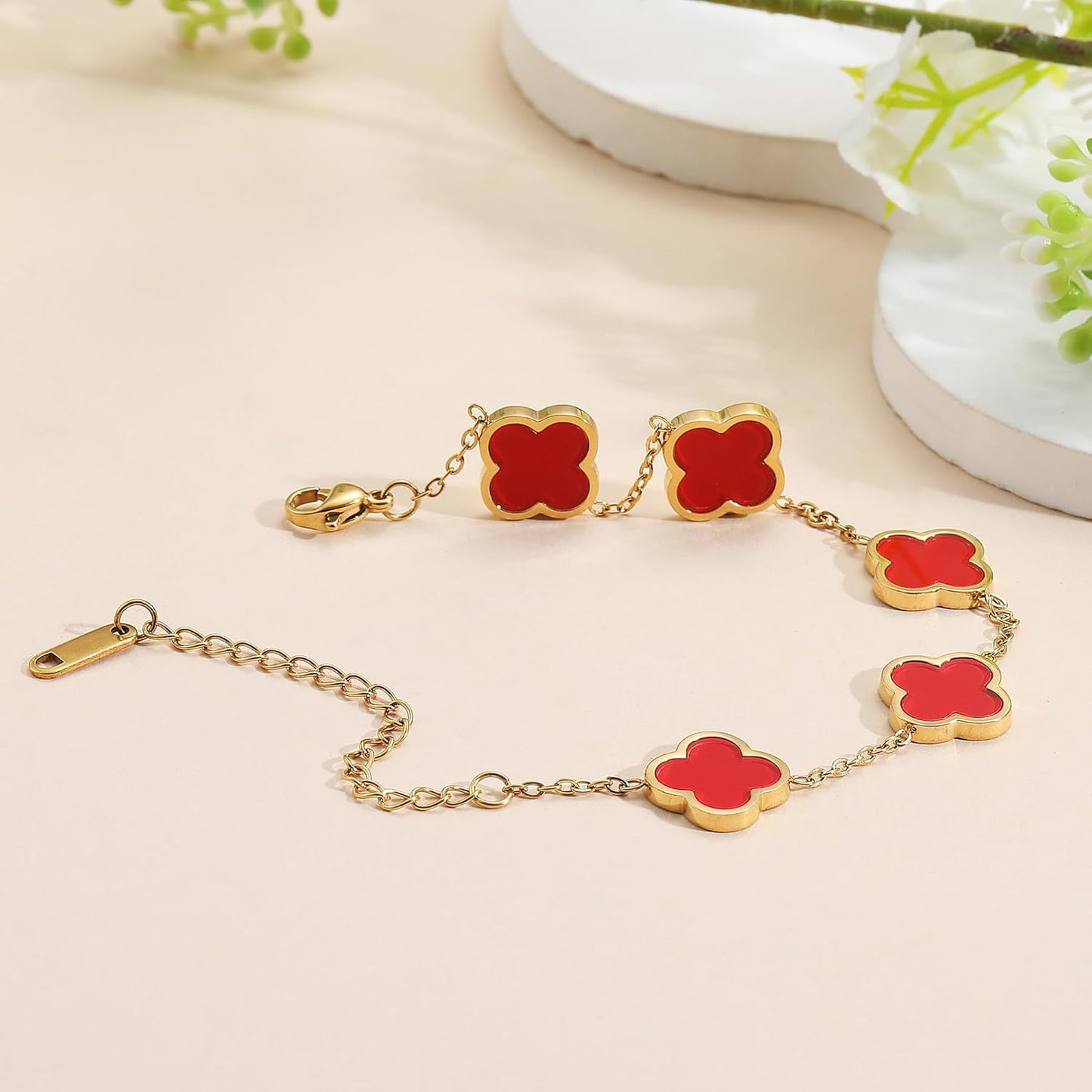 18K Gold Plated Clover Lucky Bracelet for Women White/Black/Red/Green Flower Four Leaf Link Bracelets