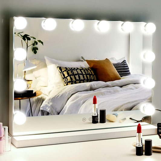 Lighted Makeup Mirror with Dimmable 3 Color Lights LED Bulbs , Mirrors with Plug-in and USB Charger