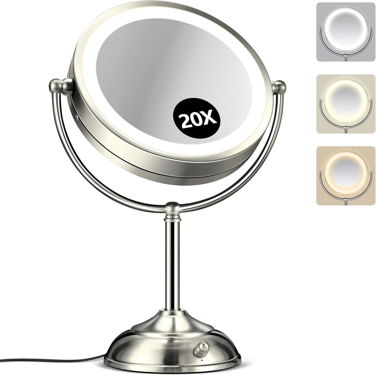 20x Large Lighted Makeup Mirror, Rechargeable 9" Magnifying Makeup Mirror,360° Rotation Cosmetic Mirror