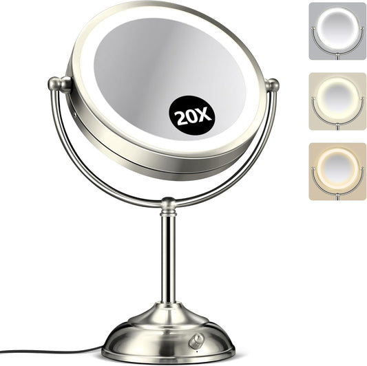 20x Large Lighted Makeup Mirror, Rechargeable 9" Magnifying Makeup Mirror,360° Rotation Cosmetic Mirror