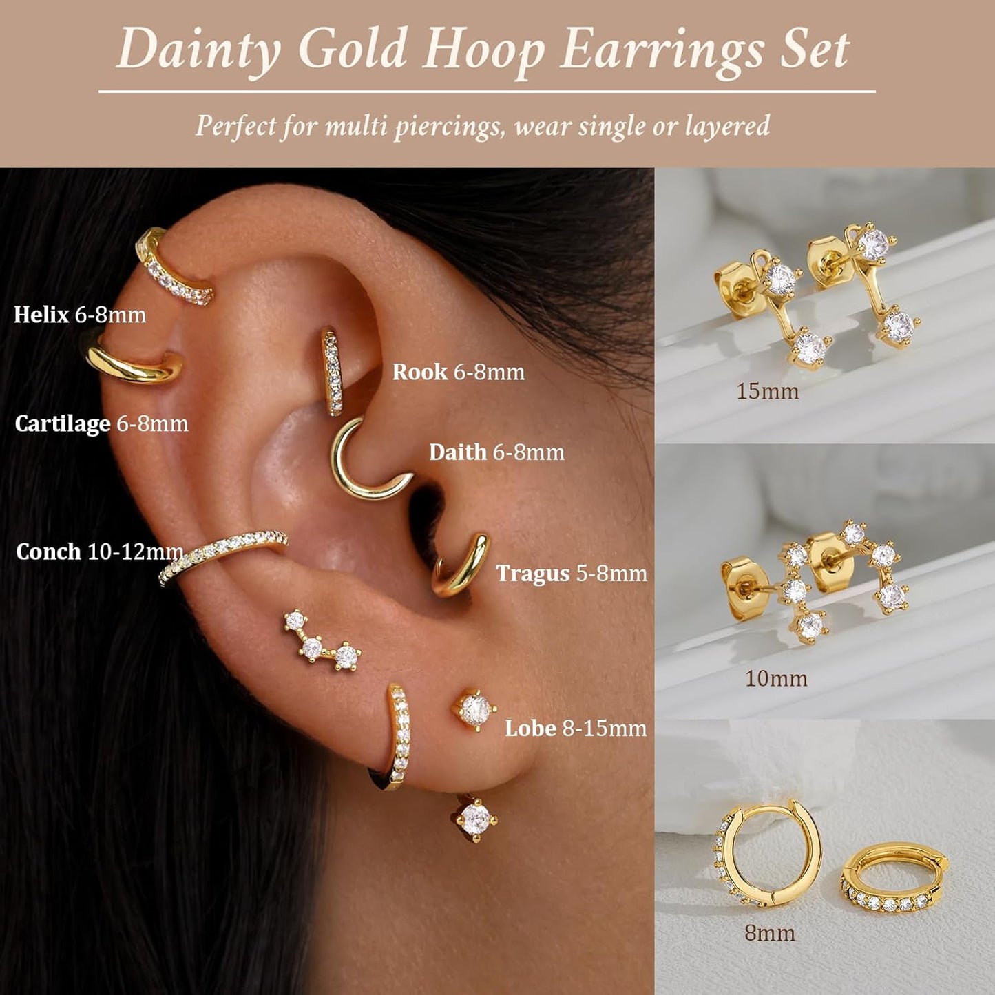 Small Sterling Silver Huggie Hoop Earrings Set for Women, 14K Gold Plated Hoops Stacks for Multiple Piercings