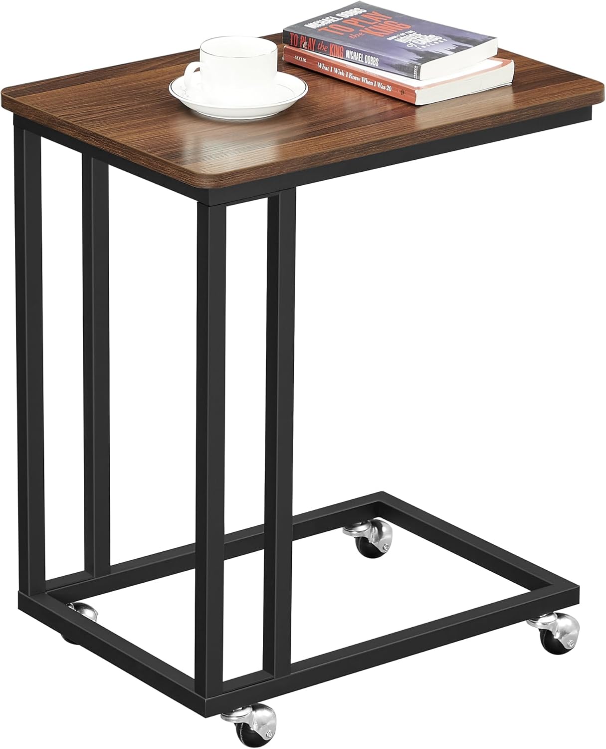 C Shaped TV Tray with Metal Frame Rolling Casters, Industrial Side Table for Living Room Bedroom