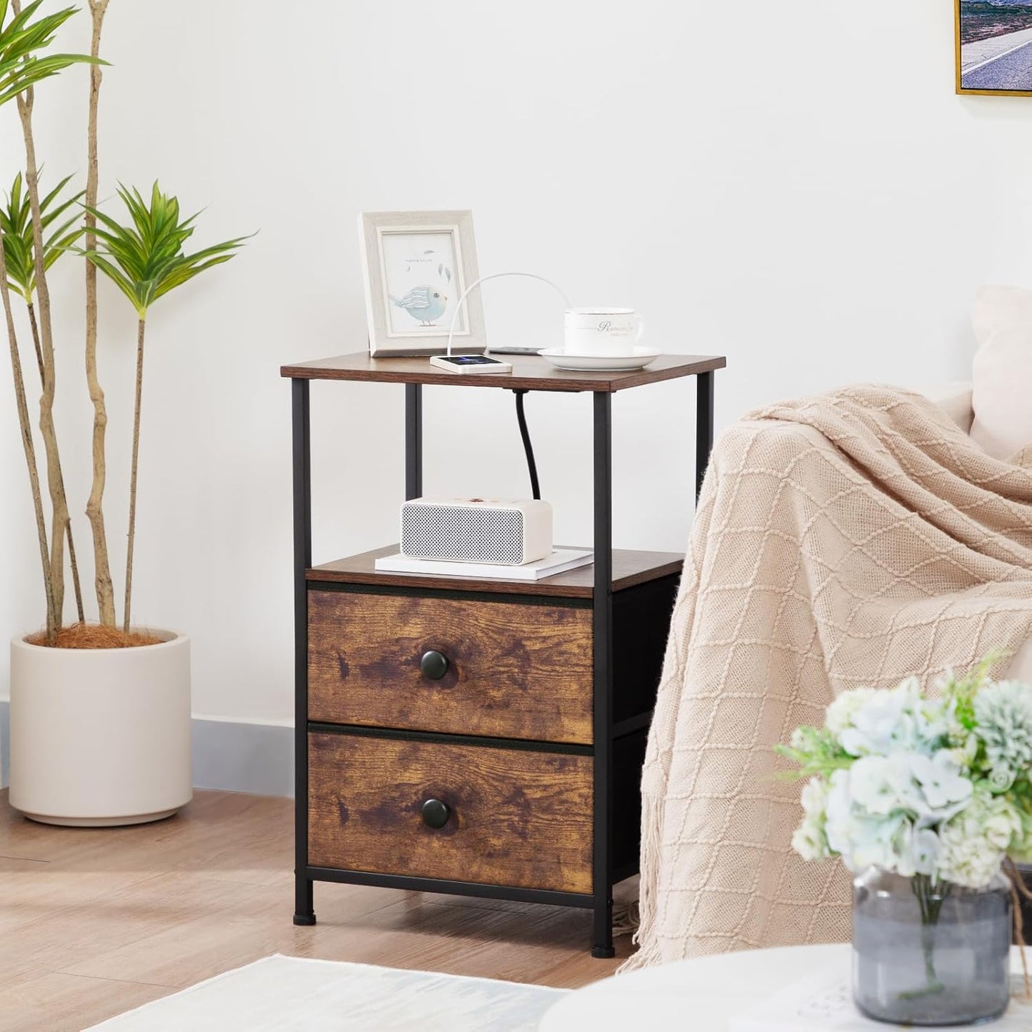 Set 2 Nightstand with Charging Station, End Tables with Storage Shelf , Bedside with 2 Fabric Drawers