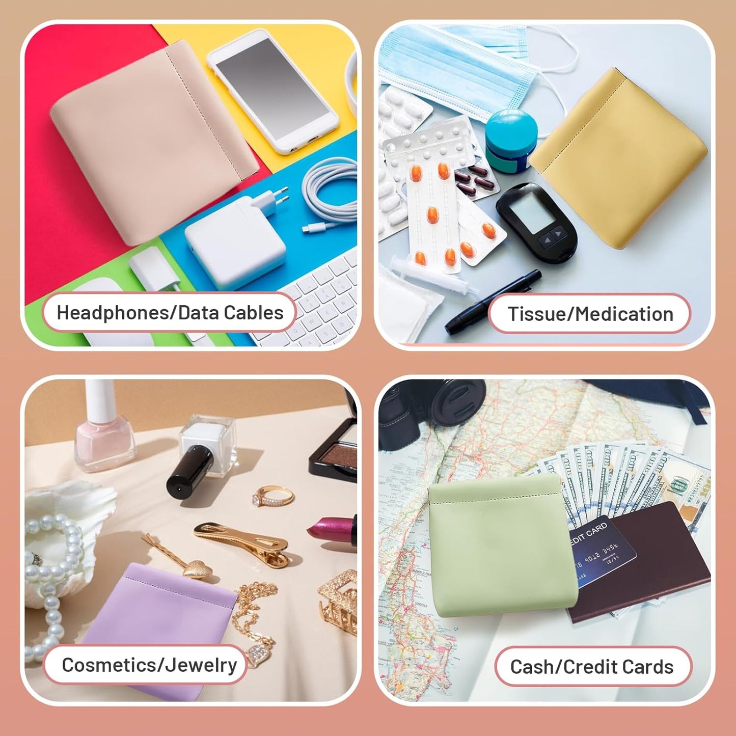 4.72″x4.72″ Small Pouches for Purse, 4count Cute Snap Closure Storages, Mini Organizer for Inside