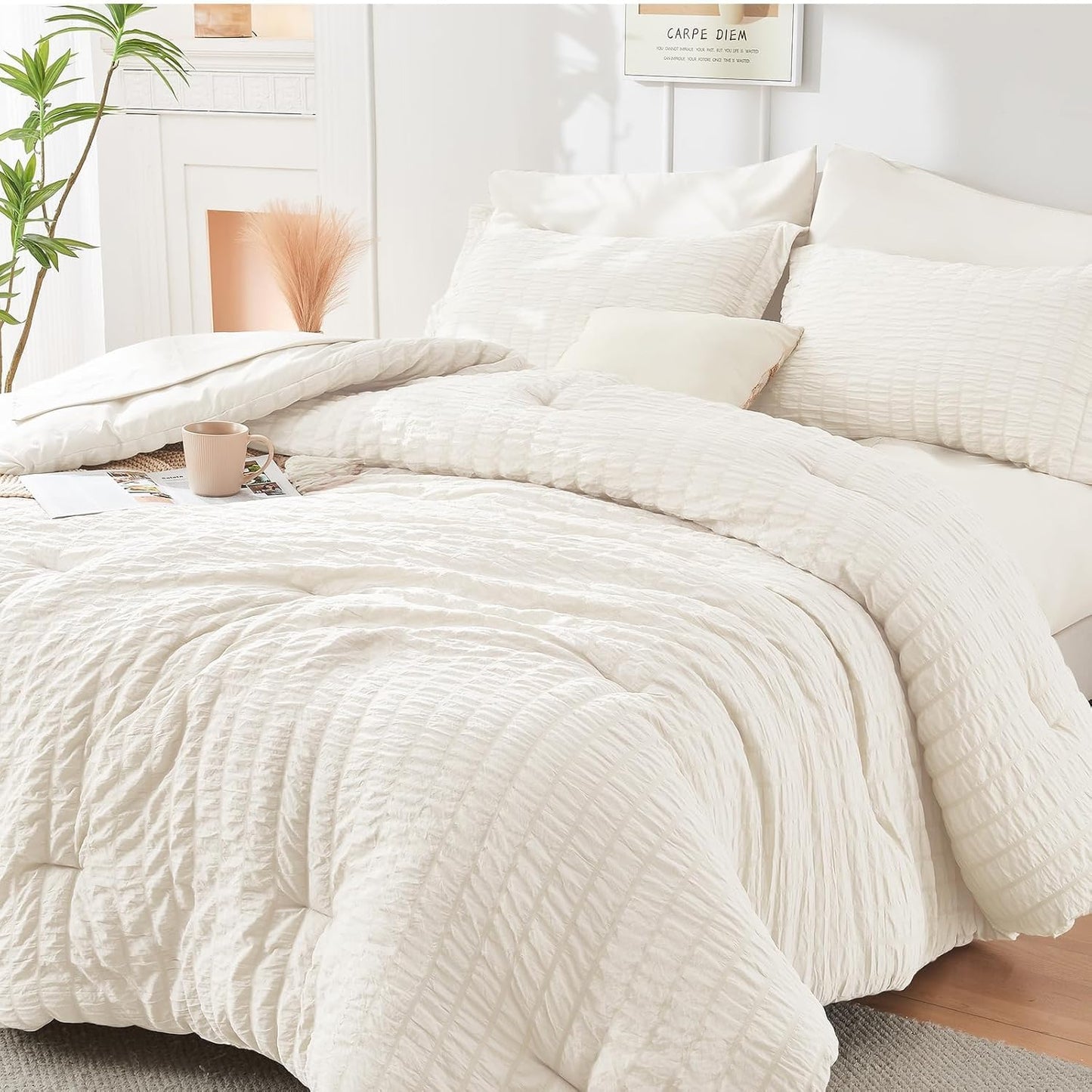 Queen Comforter Set Seersucker 7 count, All Season Luxury Bed in a Bag for Bedroom