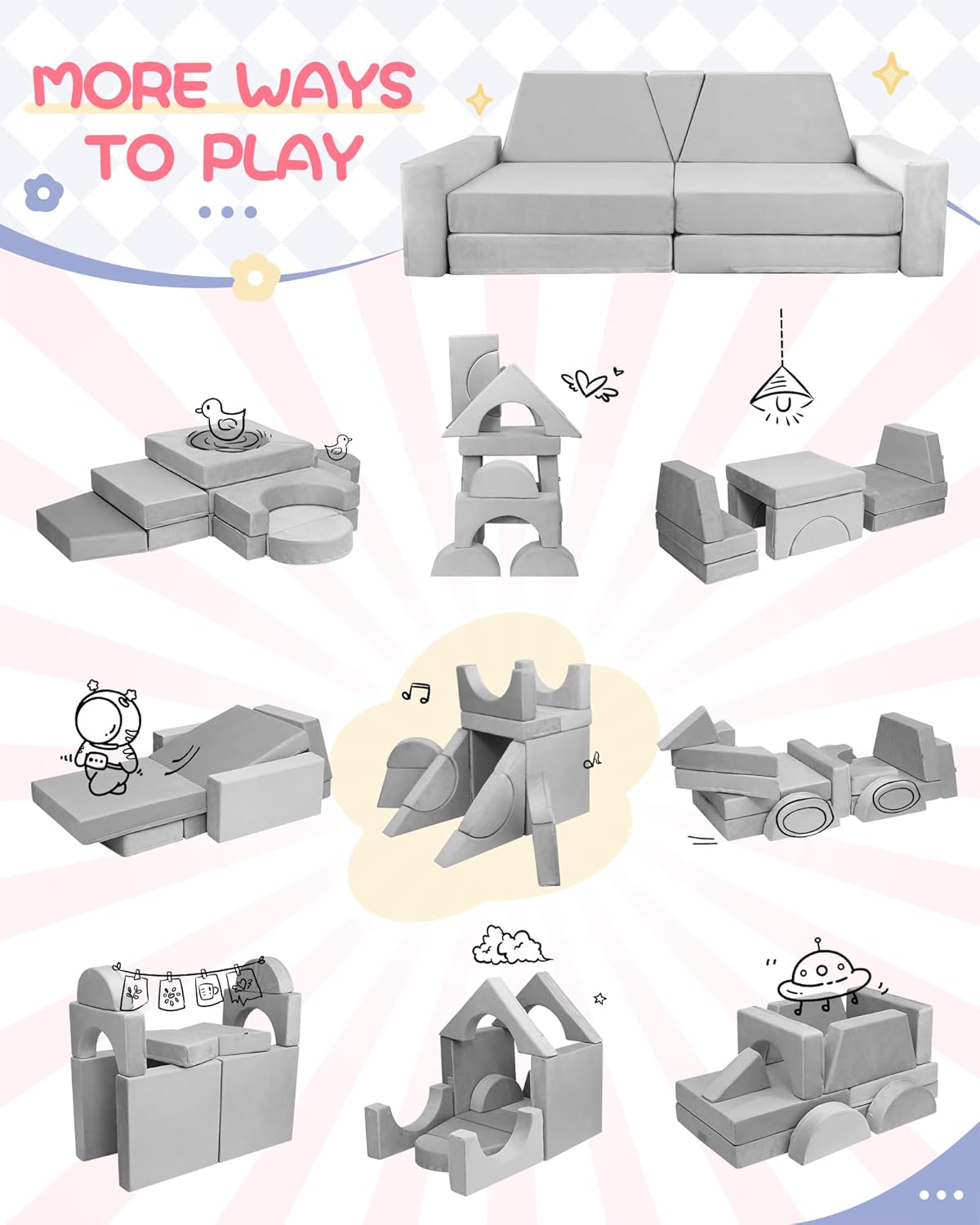 15pcs Modular Kids Sectional, Fort Building kit for Playroom Furniture, Kid Play Couches, Convertible Sofa for Boys & Girls