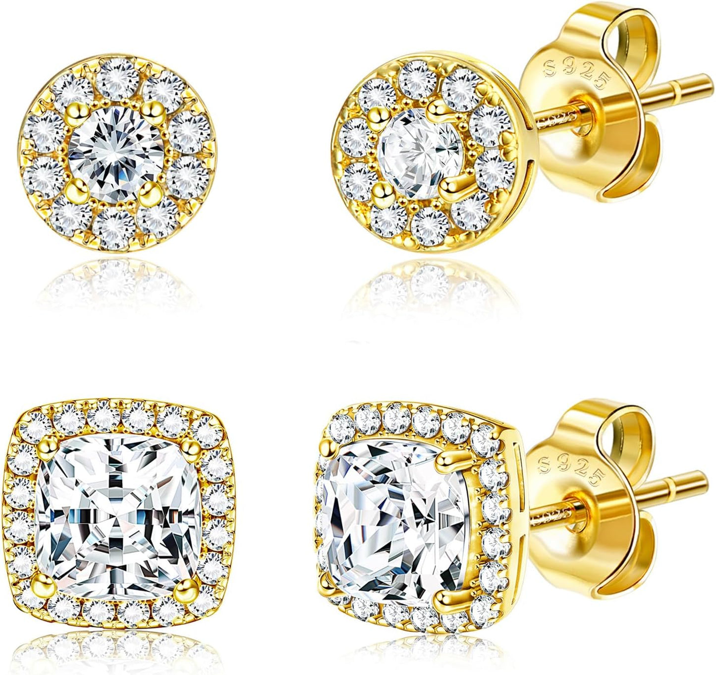 Hayoso 18K Gold Plated Halo Stud Earrings 925 Sterling Silver Cubic Zirconia Stud Earrings Round Square Diamonique Stud