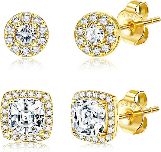Hayoso 18K Gold Plated Halo Stud Earrings 925 Sterling Silver Cubic Zirconia Stud Earrings Round Square Diamonique Stud