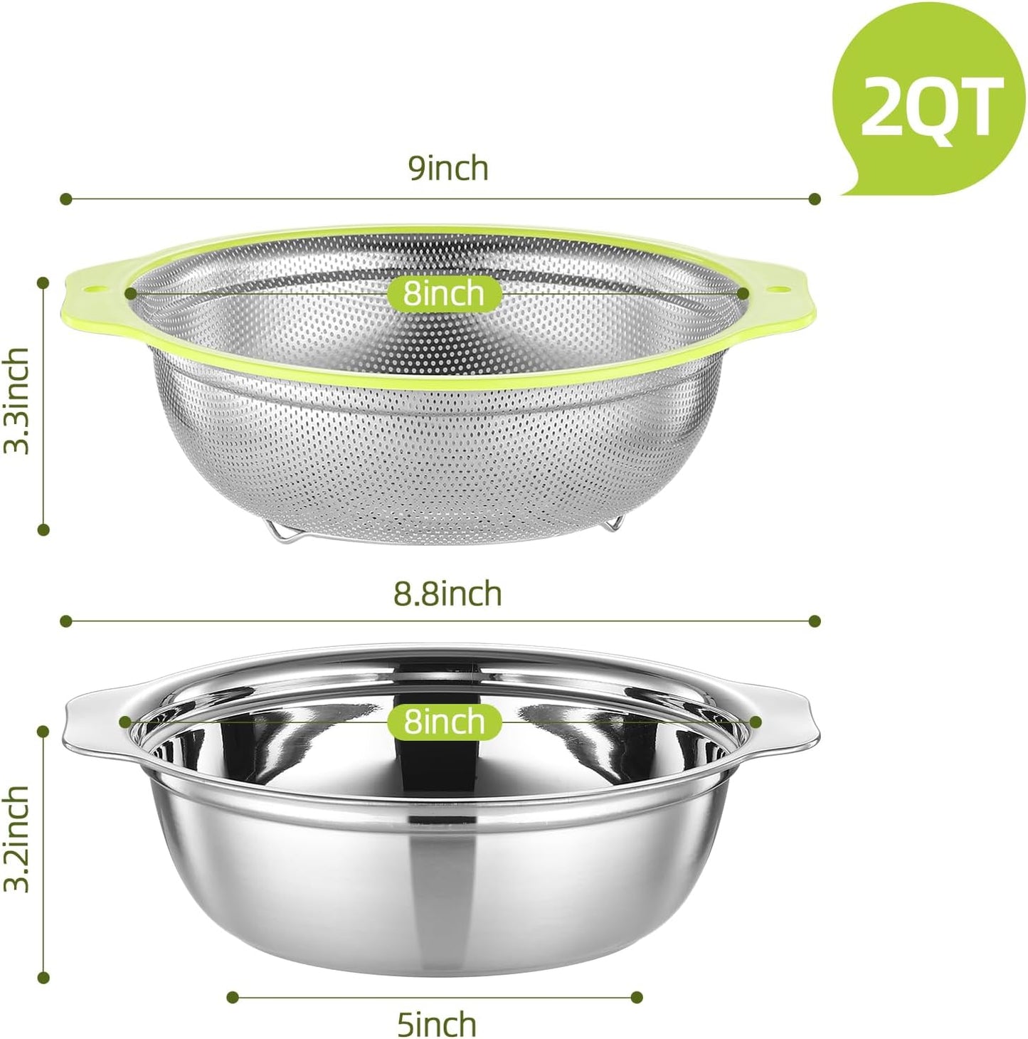 Colander Stainless Steel Microporous, 2QT Rice Strainer with Mixing Bowl, Rice Washer Bowl Set with Handle