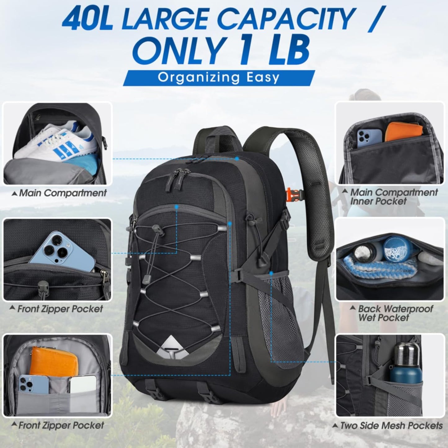 40L Packable Lightweight Camping Backpack Men Women Waterproof Hiking Daypack Outdoor Travel Daypack