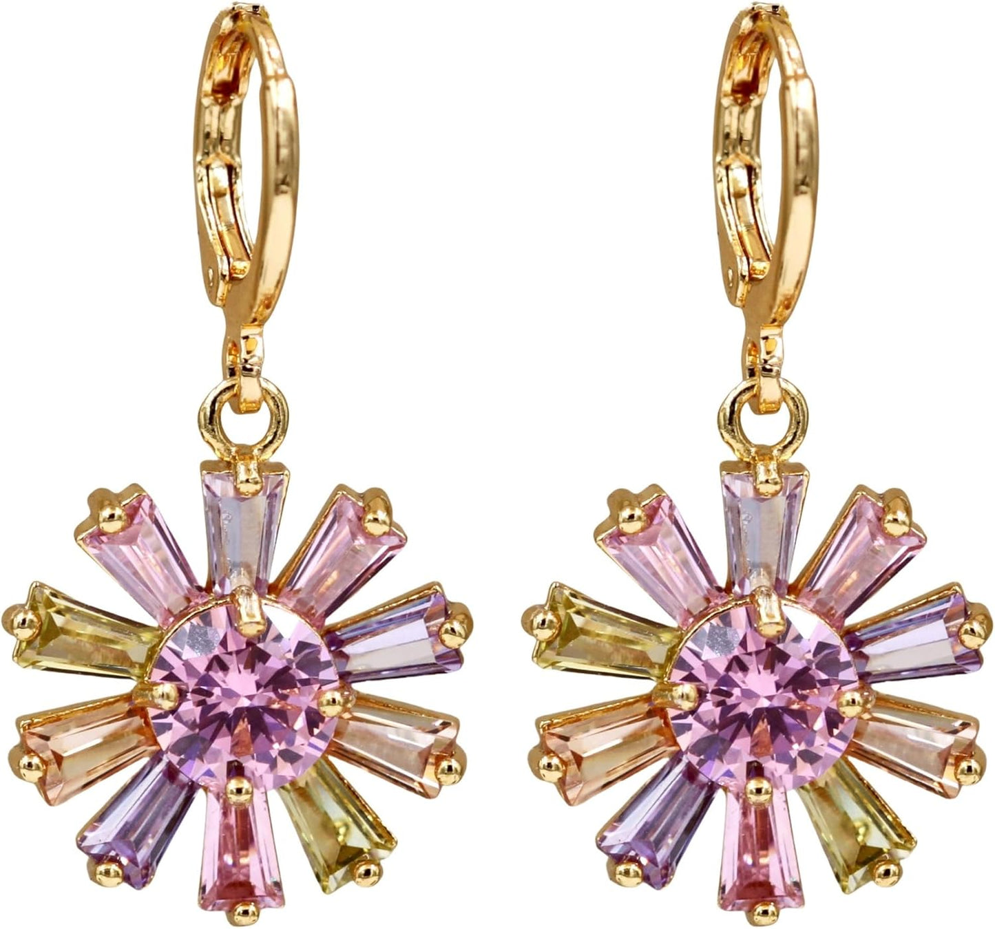 Vuskdtei18K Gold Plated Flower Dangle Earrings for Women, Hypoallergenic Cubic Zirconia Earrings, Elegant Chandelier Drop Earrings