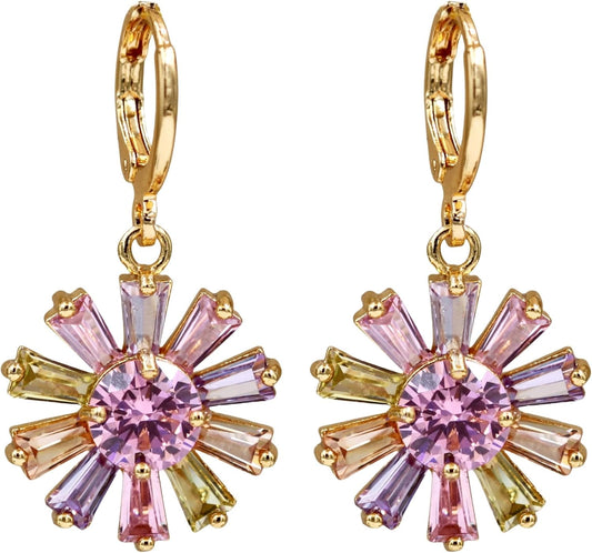Vuskdtei18K Gold Plated Flower Dangle Earrings for Women, Hypoallergenic Cubic Zirconia Earrings, Elegant Chandelier Drop Earrings