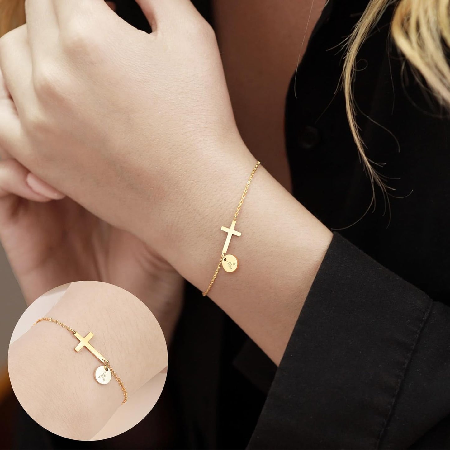 Cross Bracelet for Women Dainty Cross Bracelet with Initials Gold Link Chain Bracelets Christian Gifts for Women Teens Easter