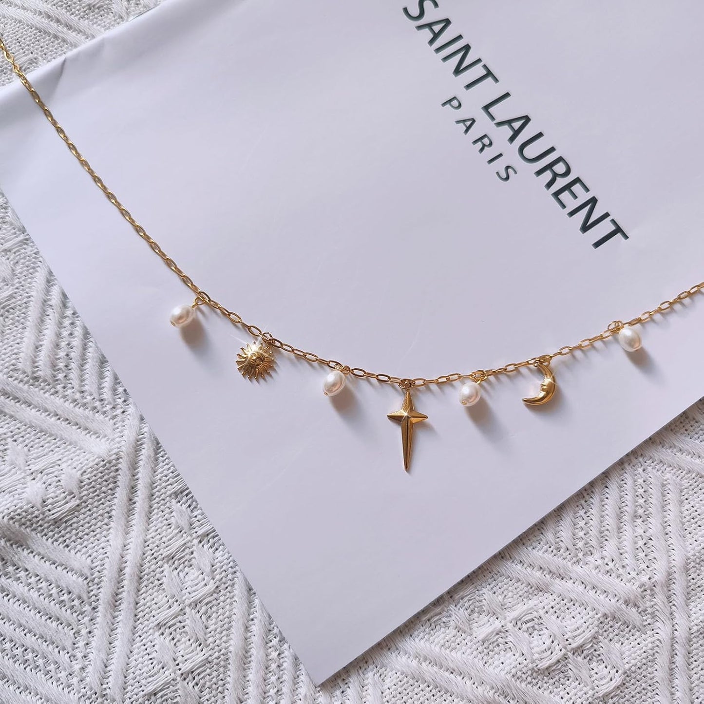 Dainty Gold Paperclip Charm Necklace With Shell, Moon, Star, Cross & Hexagram Pendant - Non-Tarnish Summer Beach Jewelry For Women