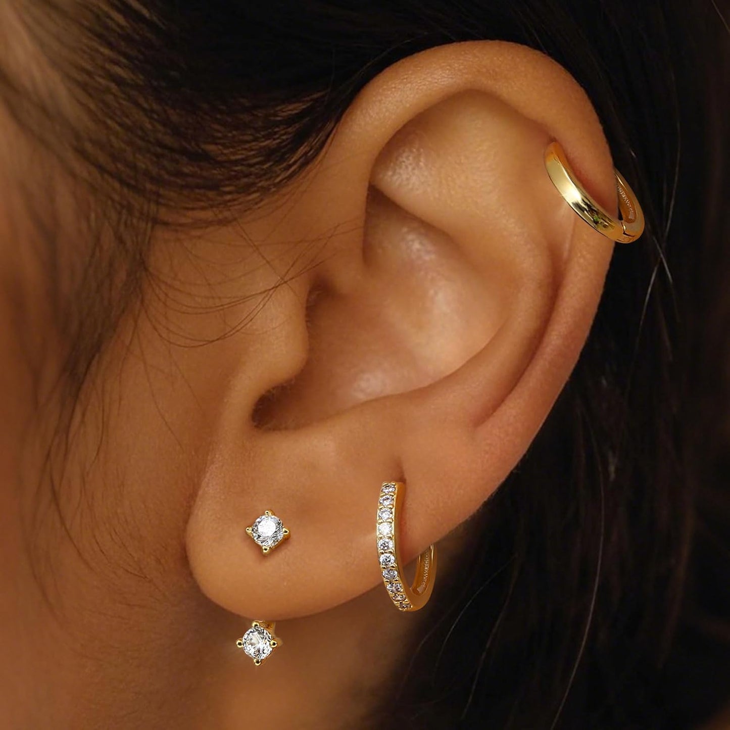 3Pairs 925 Sterling Silver, 14K Gold Plated Small Huggie Hoop Earrings Sets for Multiple Piercing CZ Cartilage Earrings Stacks