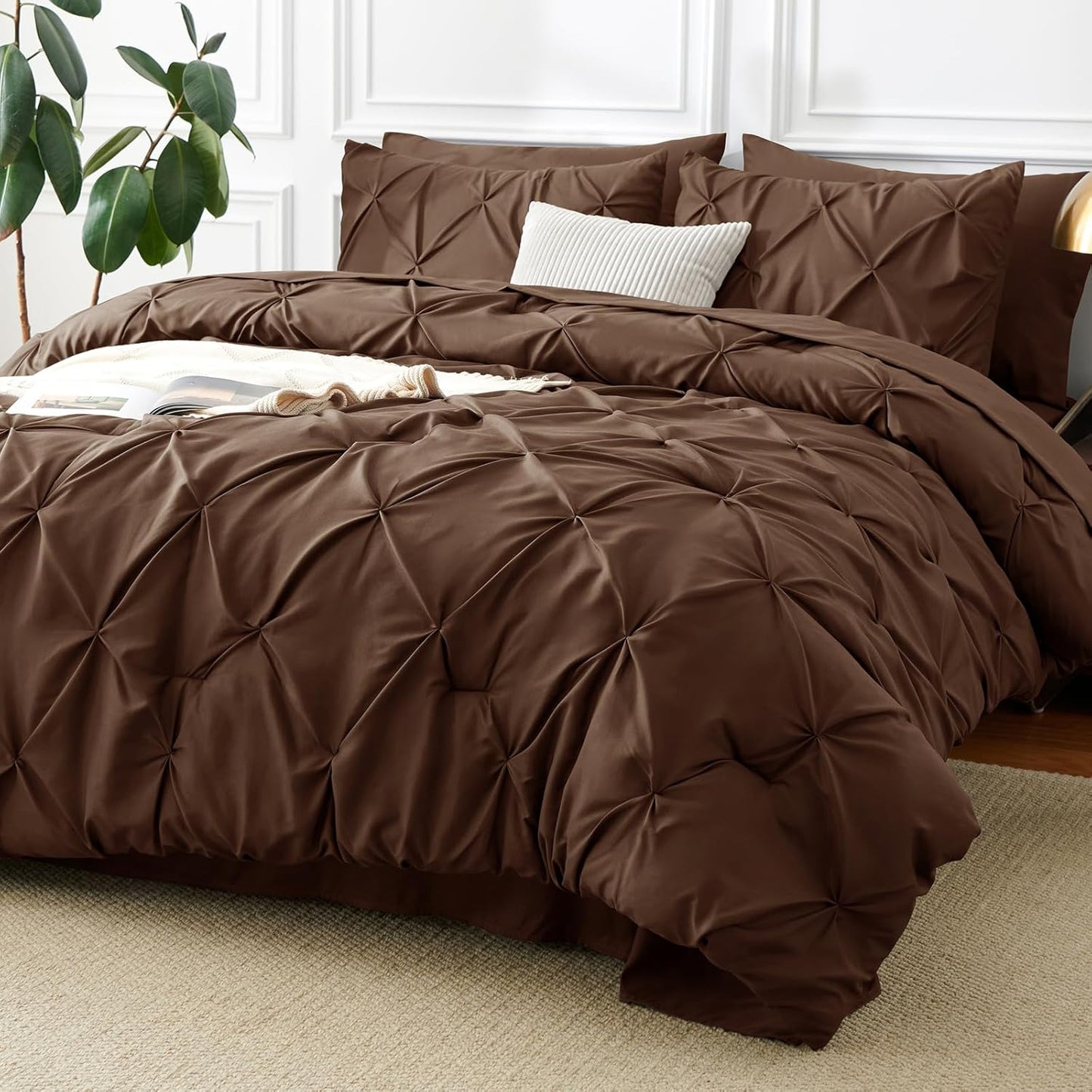 Queen Comforter Set Black, 7 count Pintuck Bed in A Bag, Premium Black Comforter Queen Size