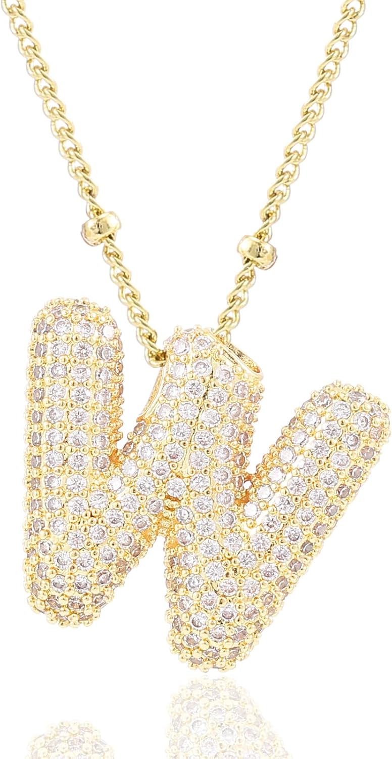 Personalized Chunky Initial Necklace: 14K Gold Plated Bubble Balloon Charm Pendant for Women