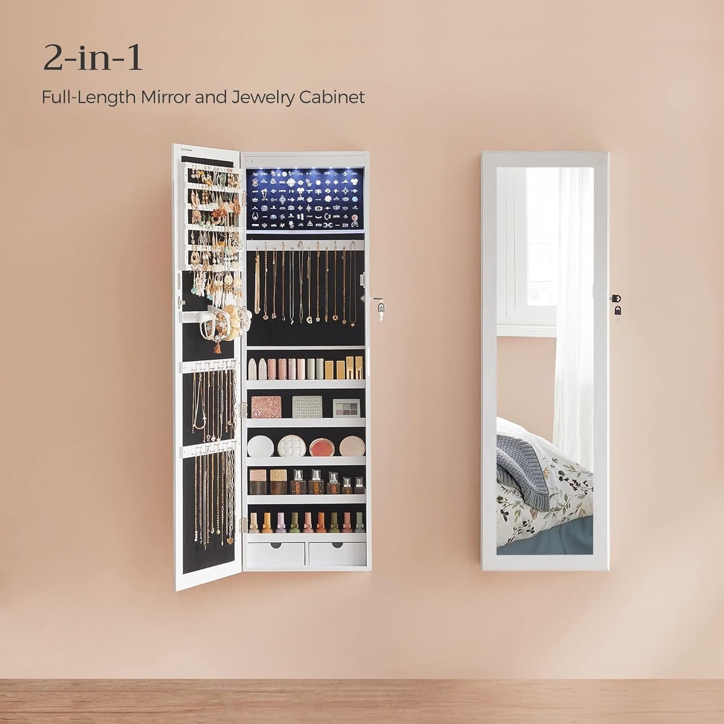 6 LEDs Mirror Jewelry Cabinet, Tall Lockable Wall or Door Mounted Jewelry Armoire Organizer