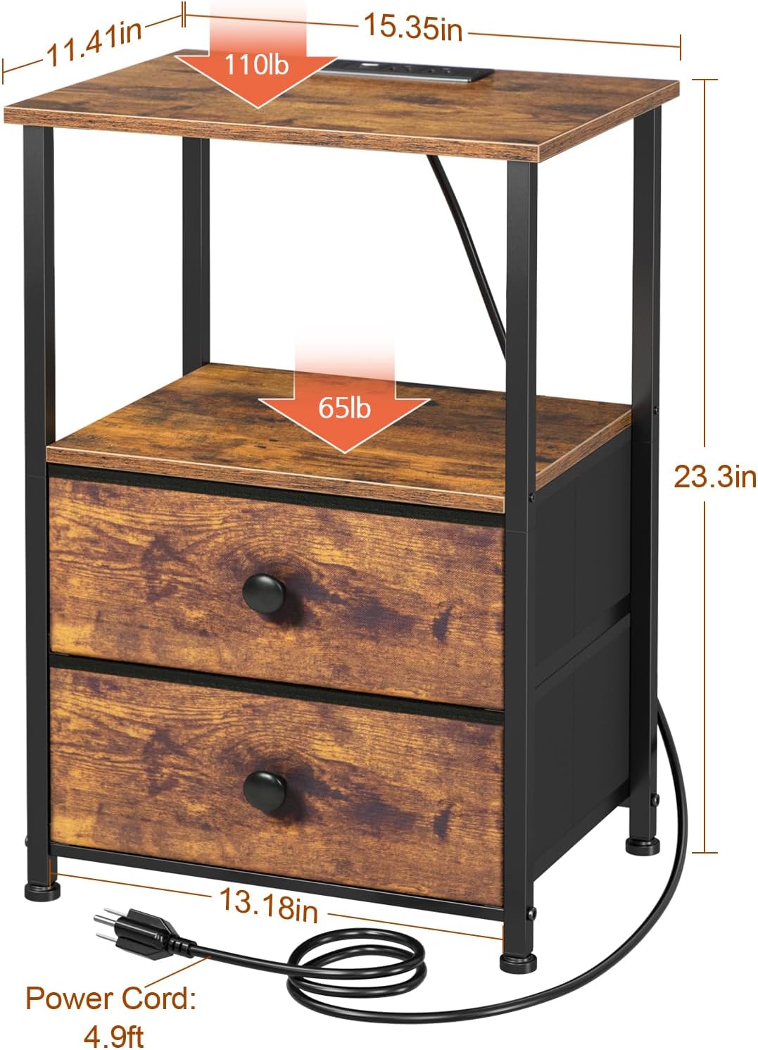 Set 2 Nightstand with Charging Station, End Tables with Storage Shelf , Bedside with 2 Fabric Drawers