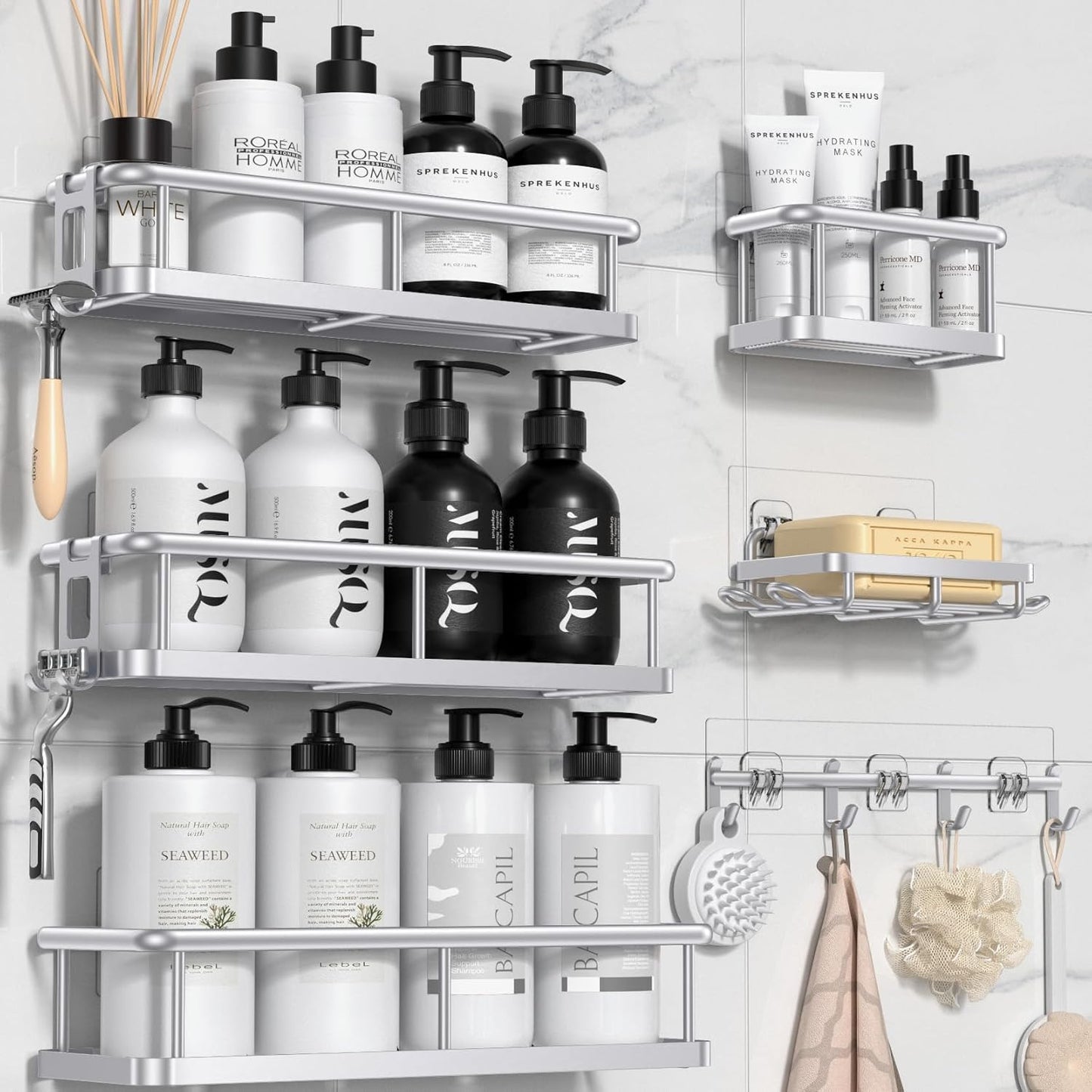 Shower Caddy, No Drilling 6 Pack Large Capacity Bathroom Shelves for Kitchen & Home Decor