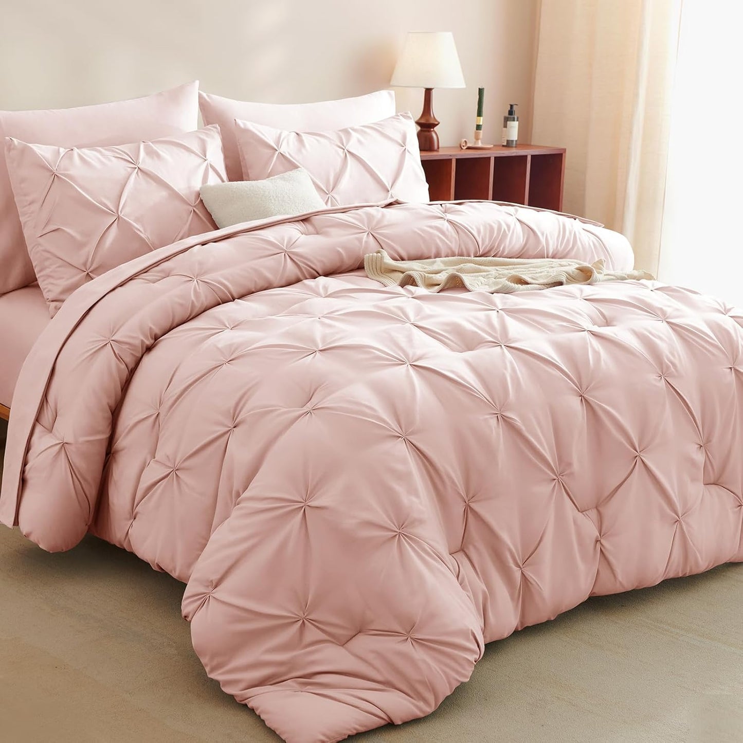 Queen Comforter Set Black, 7 count Pintuck Bed in A Bag, Premium Black Comforter Queen Size