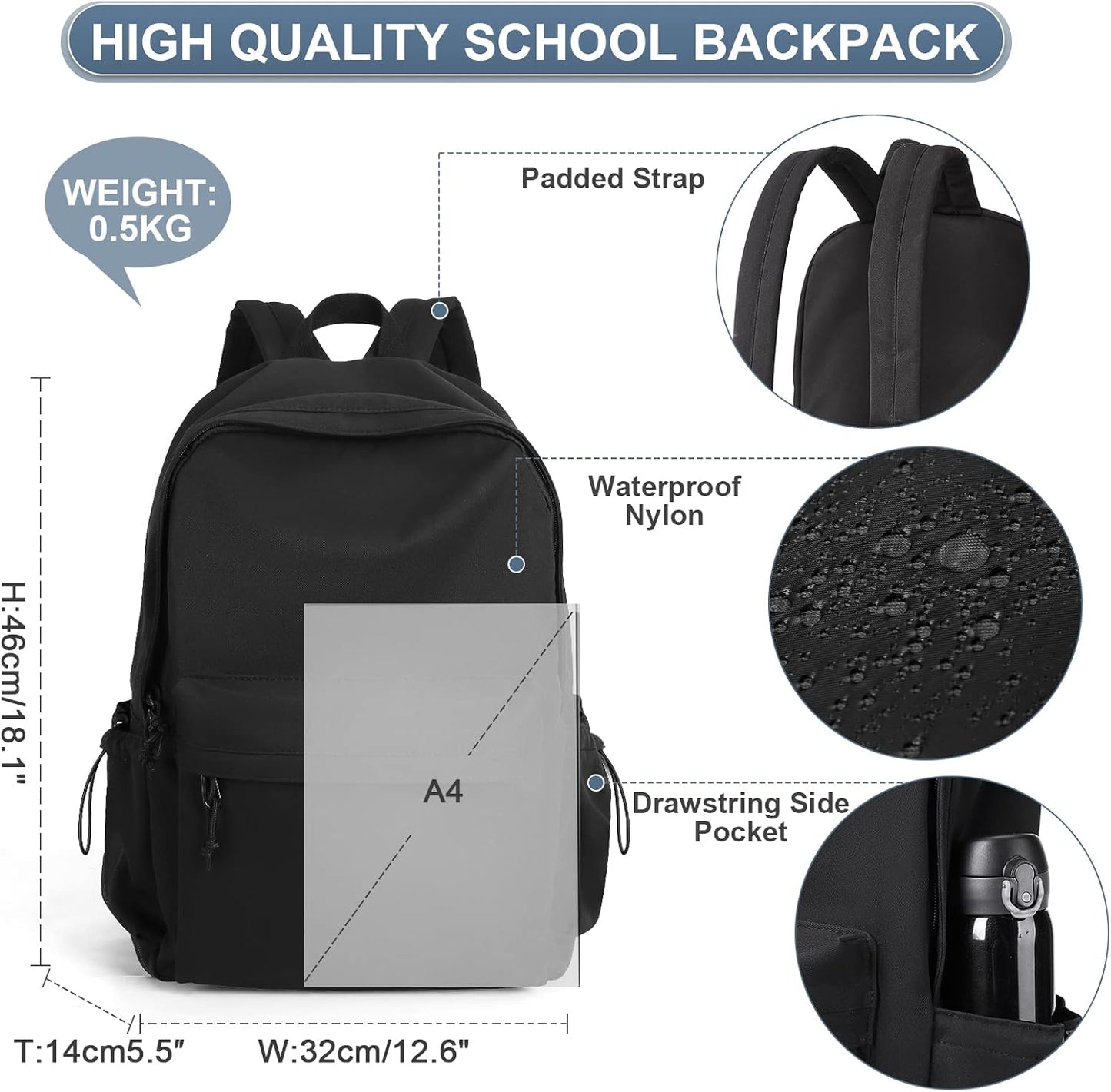 Black School Backpack for Girls Women Boys, Lightweight Simple Middle School Back Pack Daypack