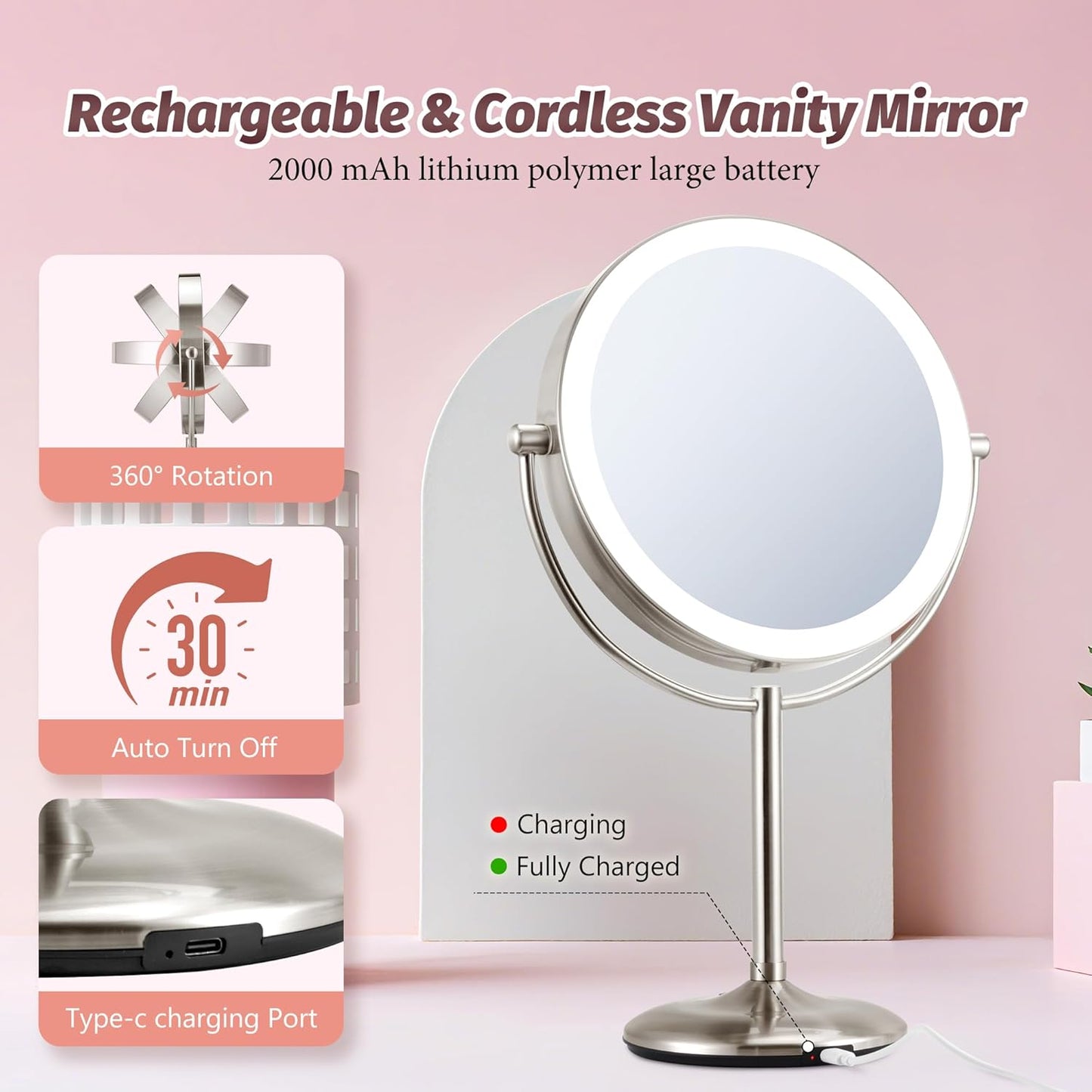 9" Lighted Makeup Mirror, 1X/20X Rechargeable Magnifying Mirror with 3 Color Dimmable Lights