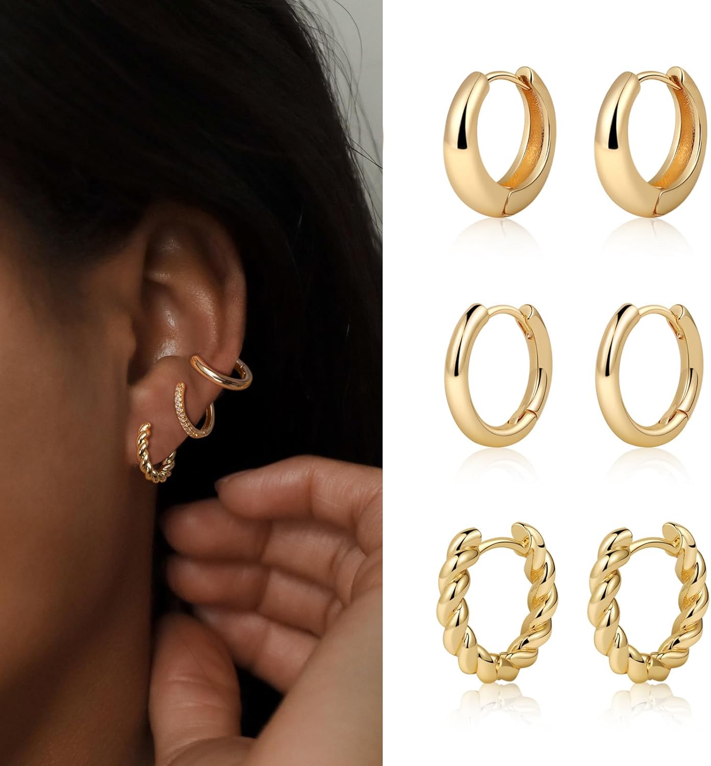 Gold Chunky Hoop Earrings Set for Women, 14K Gold Plated Twisted Huggie Hoop Earring Thick Open Lightweight Chunky Hoop