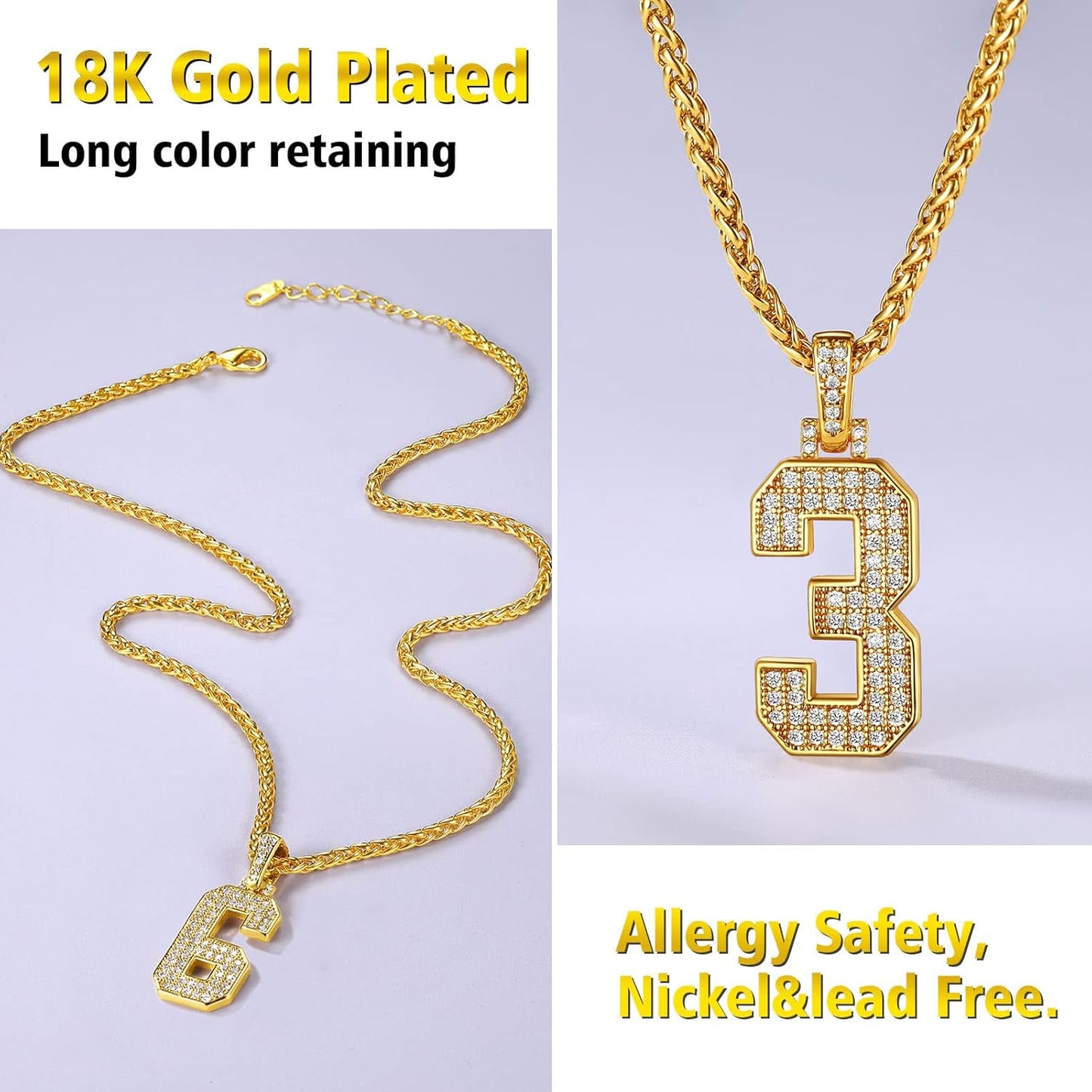 Bling Number Necklace Baseball Chain 14K Gold Plated Sports Football Zirconia Iced Name Jewelry for Men Boys, Tennis Chain 18'' To 30'' + Gift Box