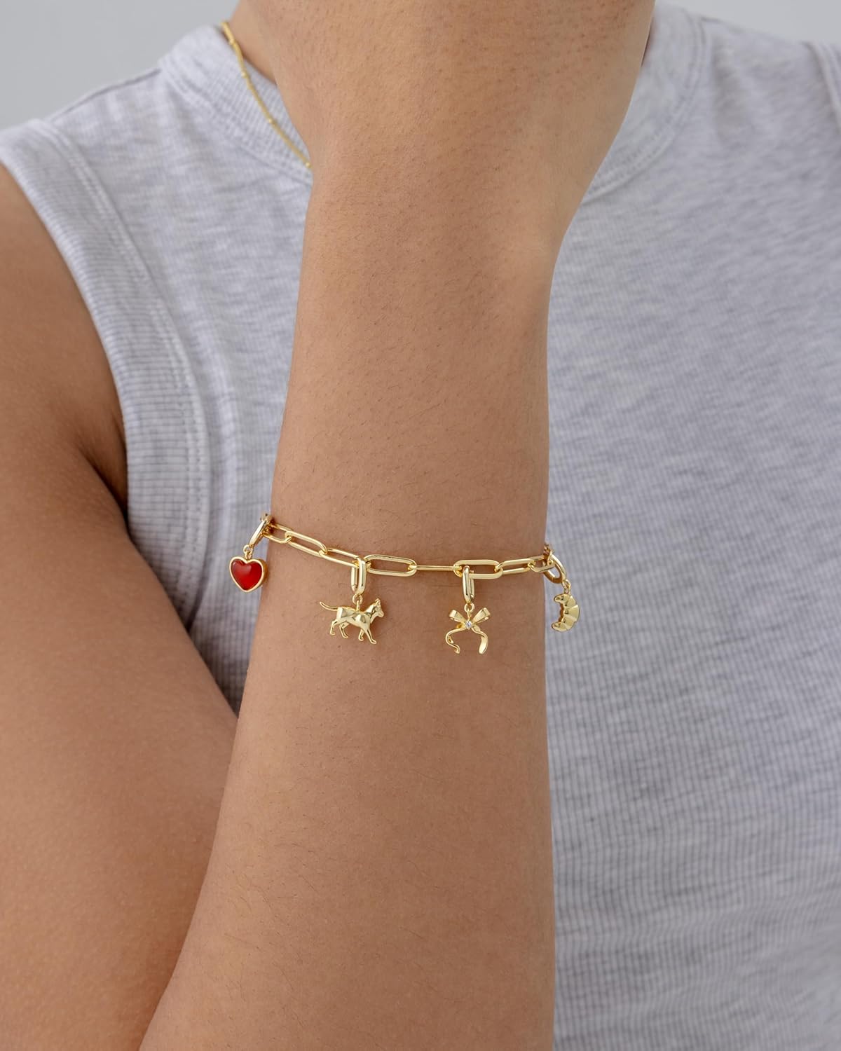 14K Gold Plated Adjustable Bracelet for Women | Twisted Bar & Paperclip Charm Chain Bracelets with Moon, Evil Eye