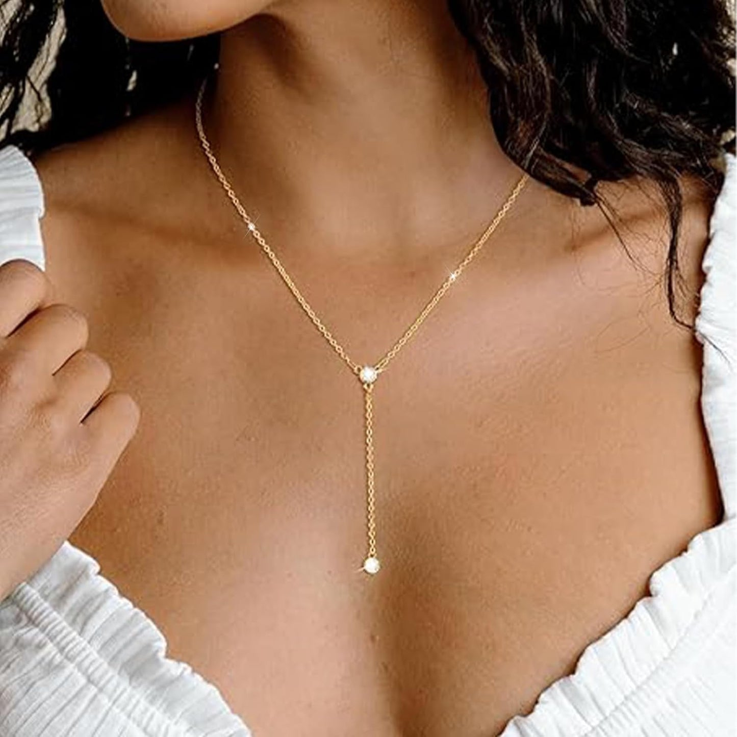 14K Gold Plated/Silver Lariat Necklace - Y-Shaped Layered Beaded Chain for Women