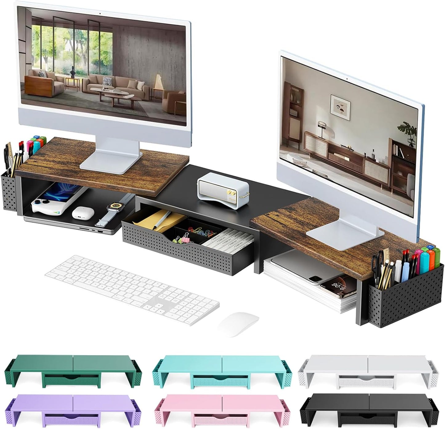 Dual Monitor Stand Riser, Desk Organizer With Drawer and 2 Pen Holders,Shelf for Top of Desk