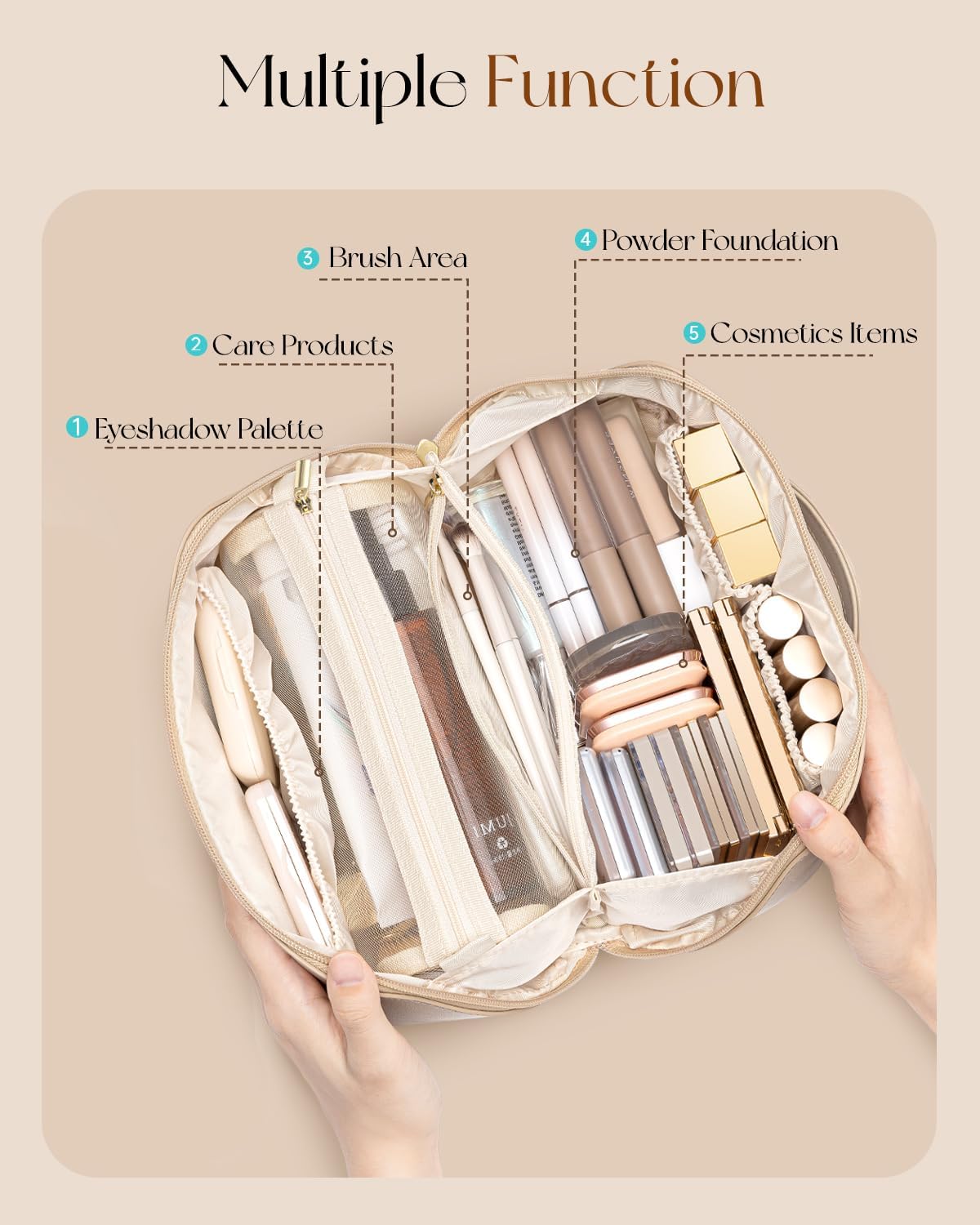 Makeup Bag,Large Capacity Travel Toiletry Bag,Cosmetic Bags for Women PU Leather Waterproof Portable Pouch with Divider & Handle-Toffee
