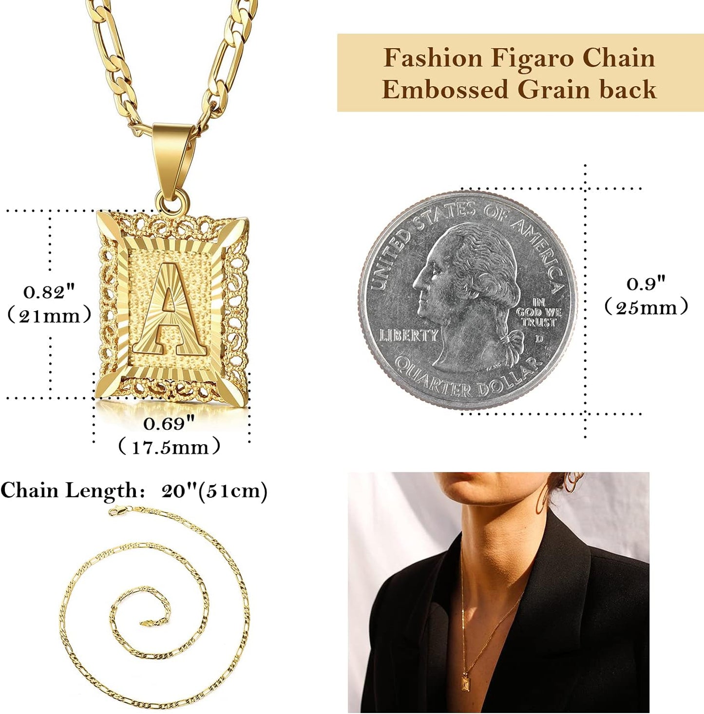 Custom Initial Necklace - 14K Gold Plated Monogram Pendant on Figaro Chain for Women & Men